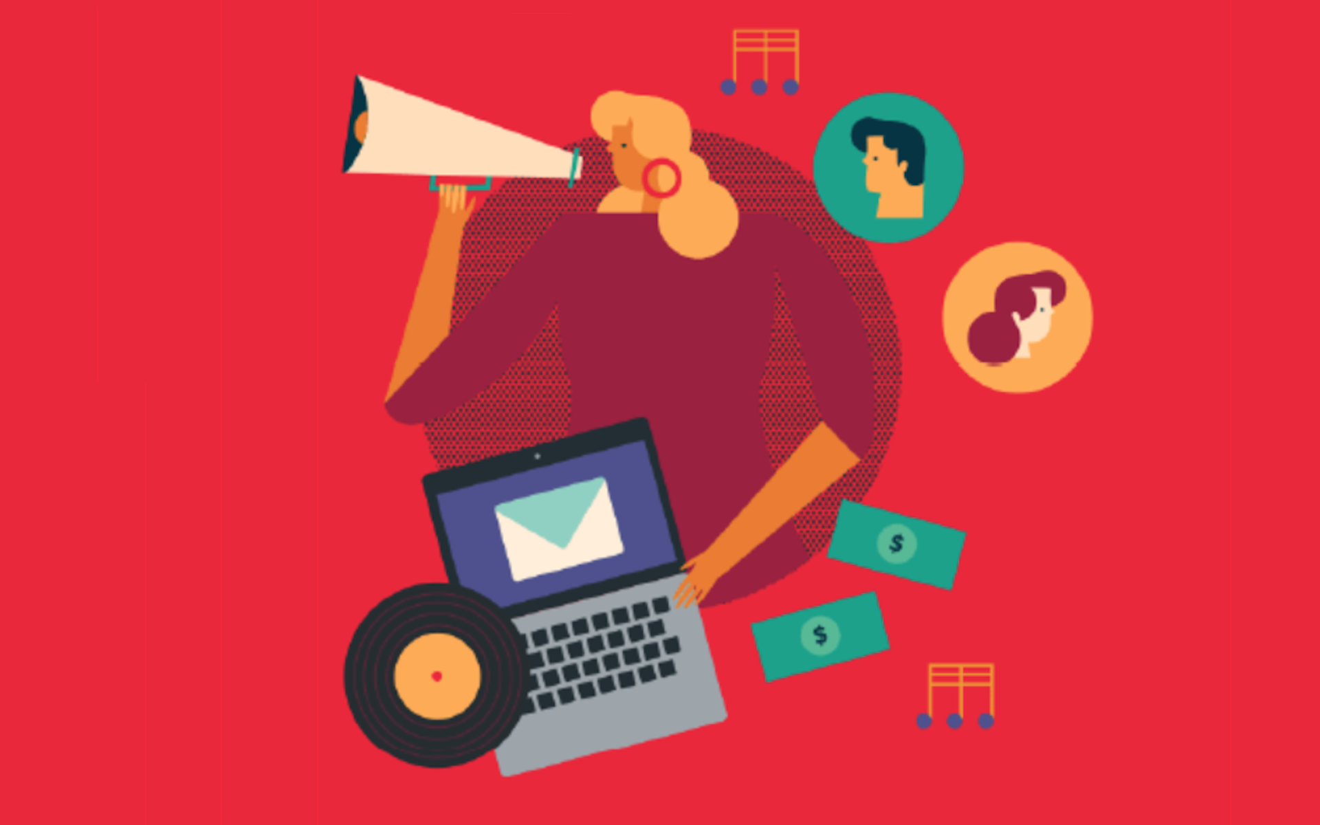An illustration of a musician at a computer, yelling into a megaphone, to symbolize crowdfunding.