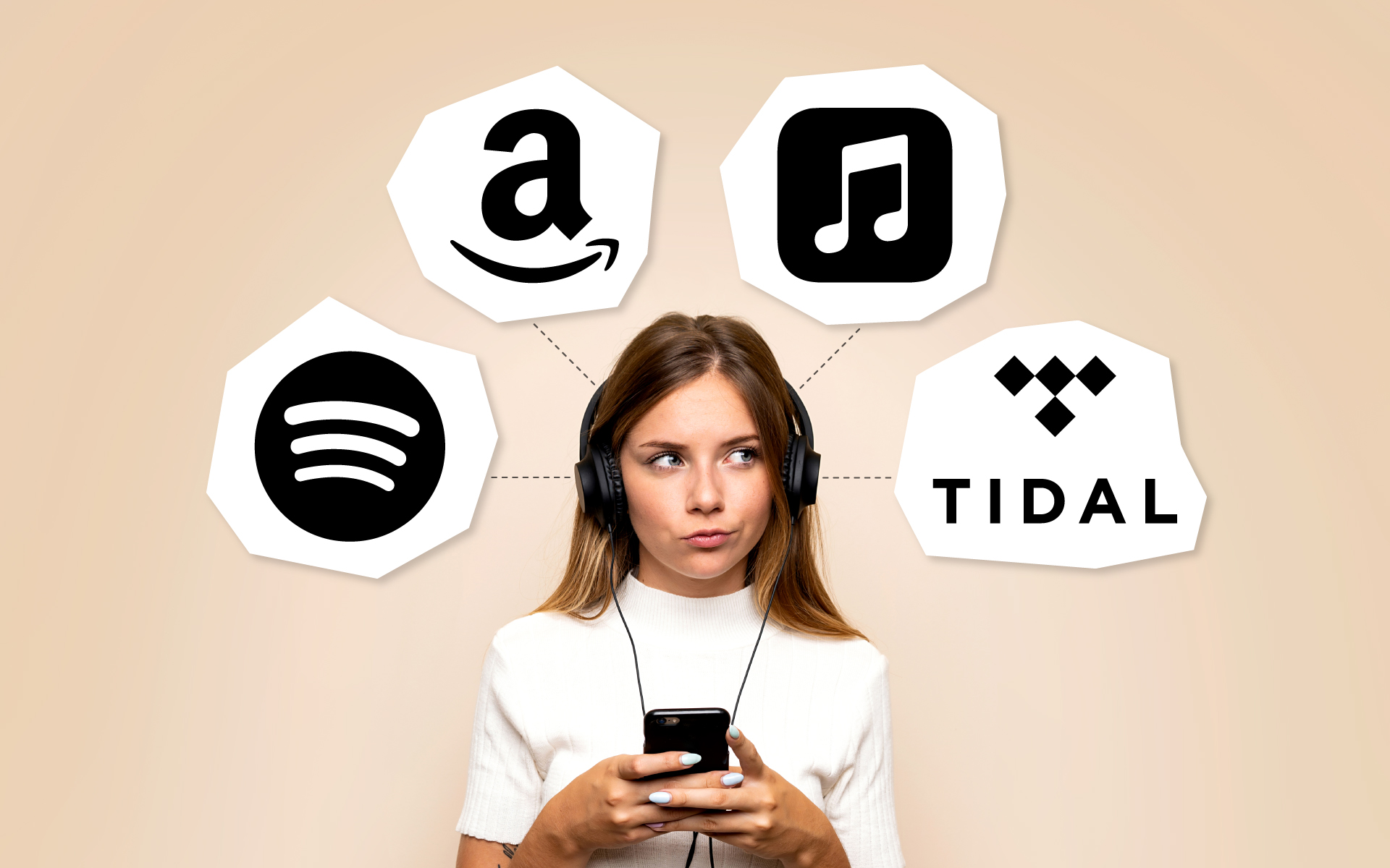 A woman surrounded by four thought bubbles that feature the Spotify, Amazon Music, Apple Music, and TIDAL logos.