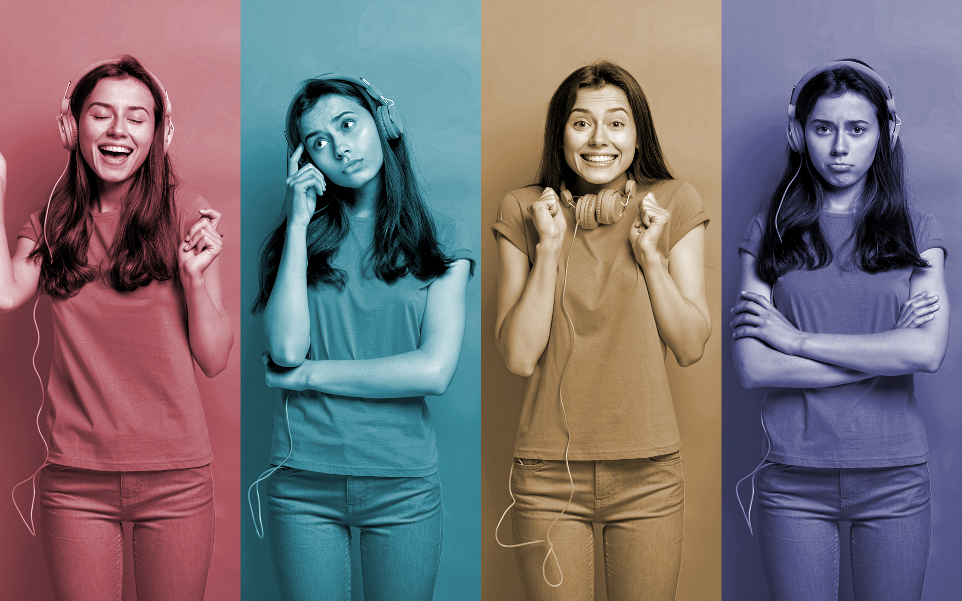 A woman applying critical listening to four different songs.