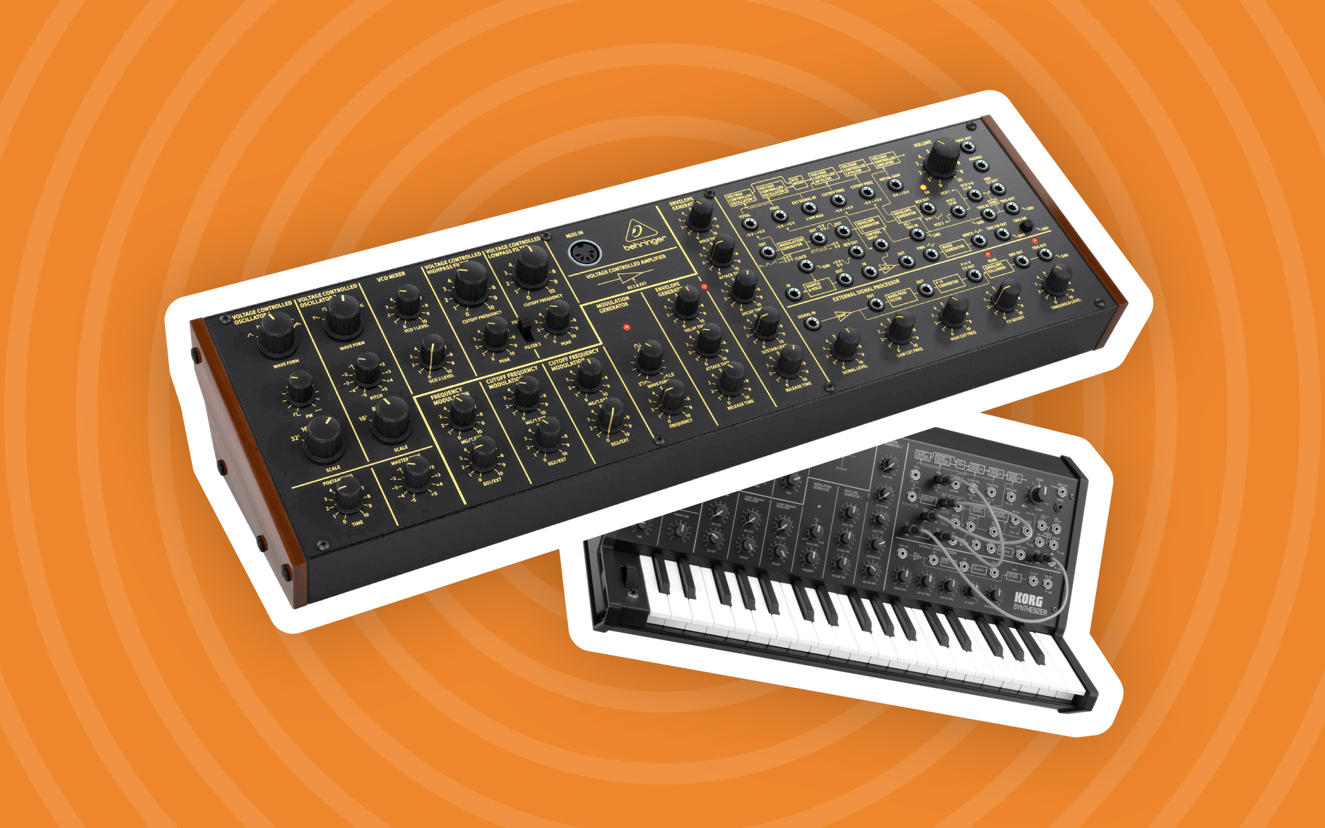 A Behringer K-2 Synth next to the Korg MS-20.