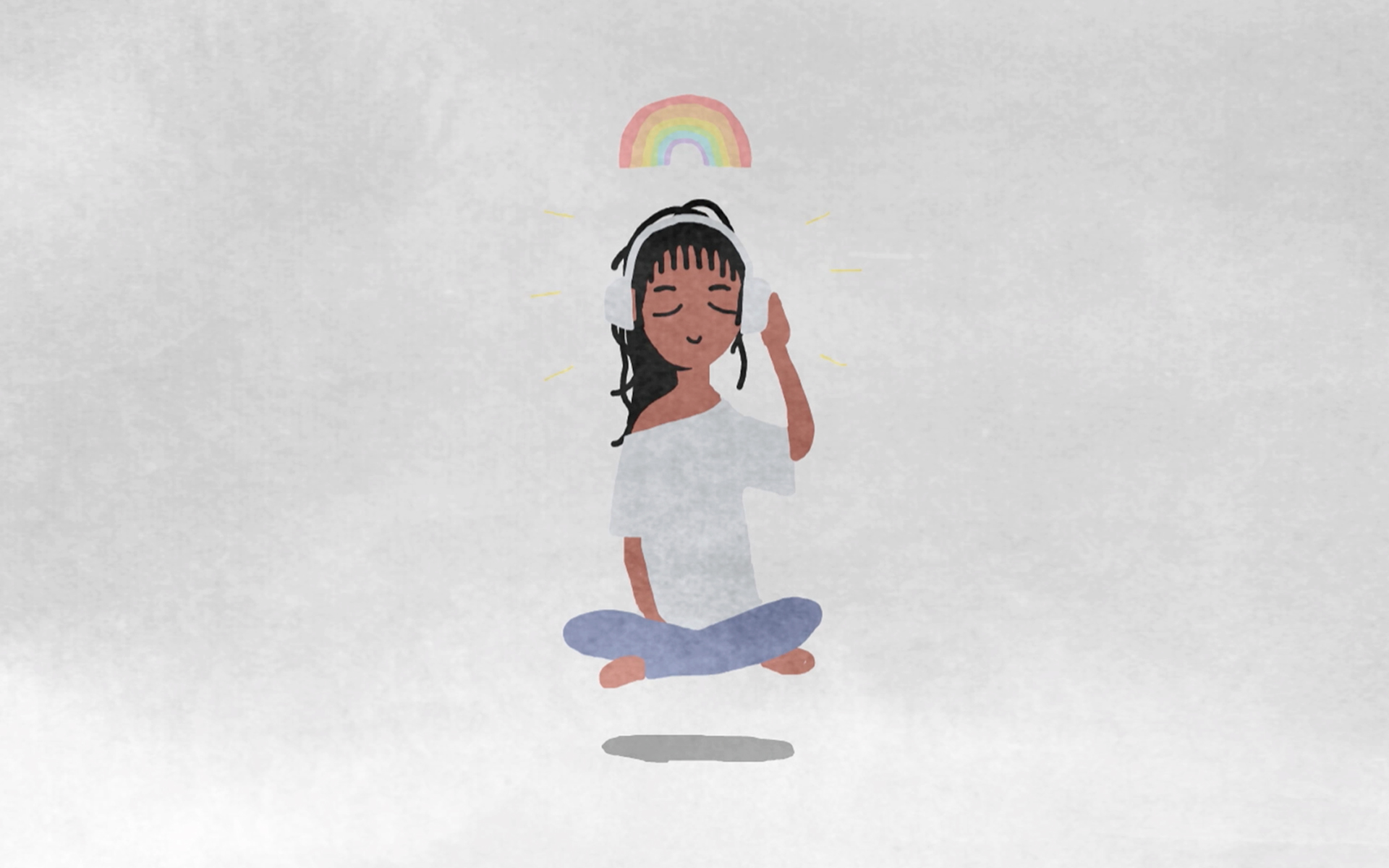 An animated woman levitates while listening to music and attaining inner peace, which is represented by the rainbow above her head.