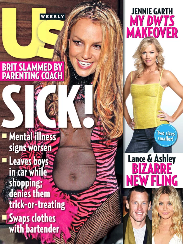 Britney Spears on the cover of "Us" Magazine with the headline "SICK!"
