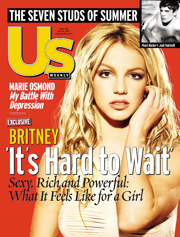 Britney Spears on the cover of "Us" magazine with a headline that reads "It's hard to wait."