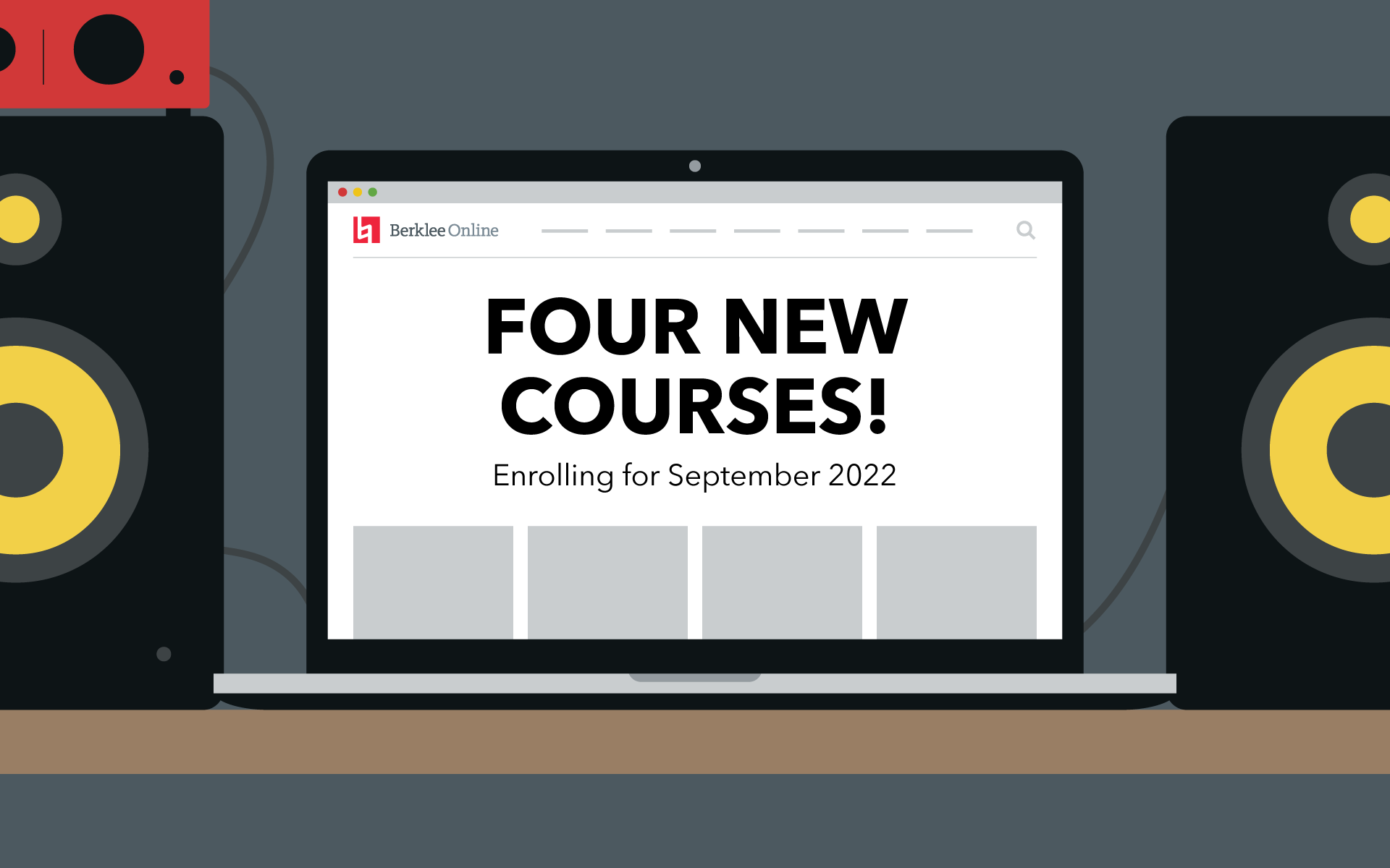 Laptop screen that reads "Four New Courses"