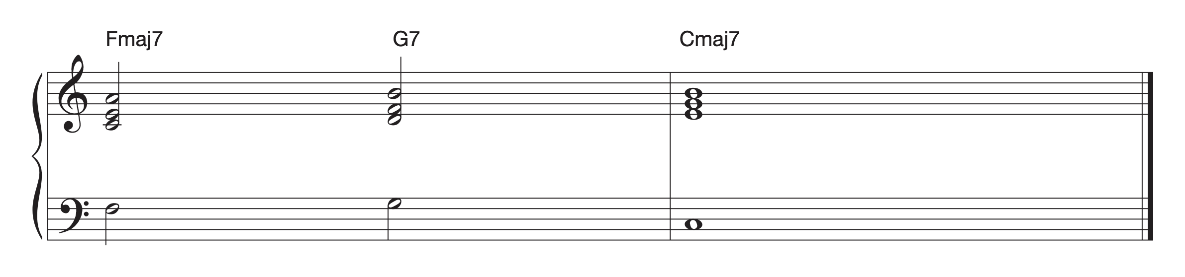 This is what 7th chords might look like in a three-way close in this music notation example.
