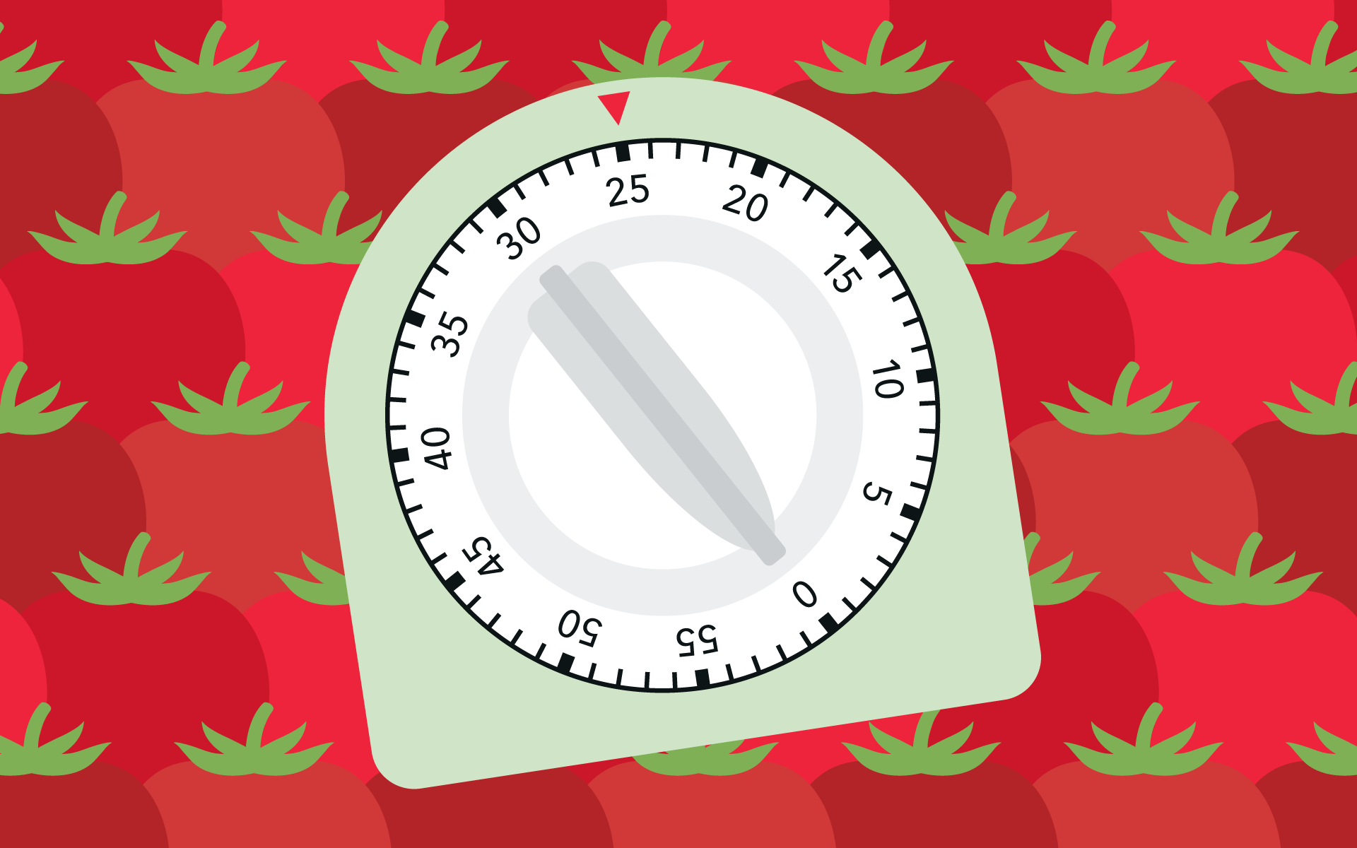 A kitchen timer set to 25 minutes with a backdrop of tomatoes.