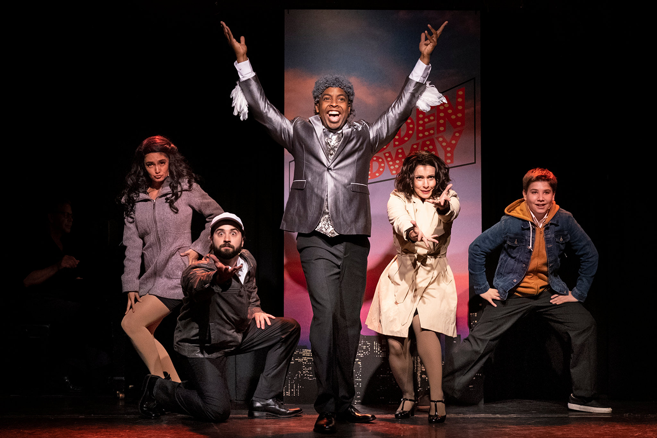 From Left: Aline Mayagoitia, Chris Collins-Pisano, Immanuel Houston, Jenny Lee Stern, and Joshua Turchin in “Forbidden Broadway: The Next Generation” at The Triad (Photo: Sara Krulwich)
