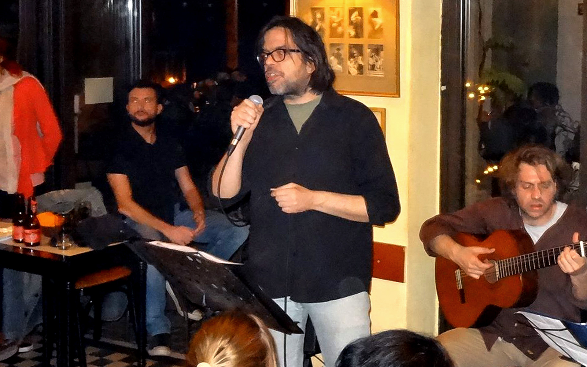 Christos Karantais, a Voice Performance major at Berklee Online, sings during a performance.