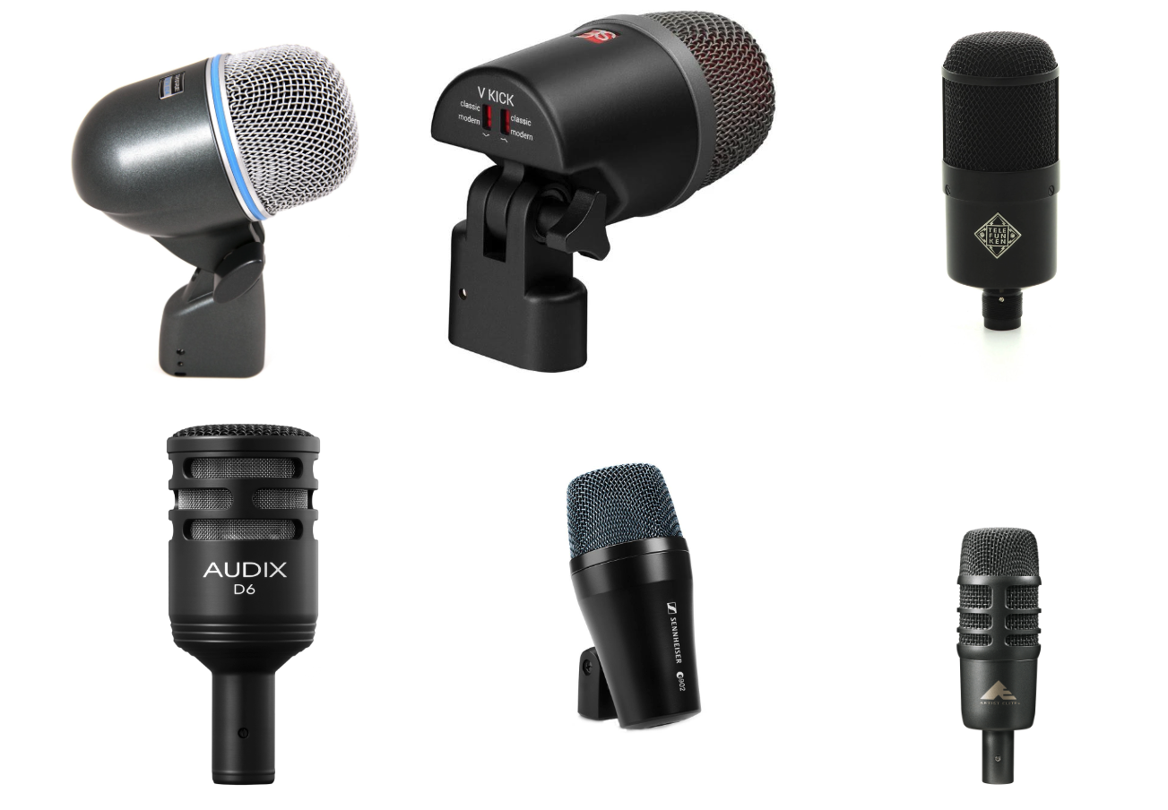 These mics may be visually stunning, but try them with your ears, not your eyes! Clockwise from top left: Shure Beta52a, sE Electronics V Kick, Telefunken M82, Audix D6, Sennheiser e902, and Audio Technica AE-2500.