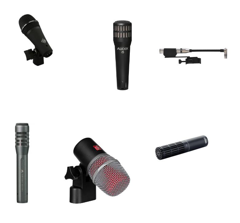 And these are some of your choices for snare mics. From left (top row): Telefunken M80SH, Audix i5, Earthworks DM20 (bottom row): Audio Technica AE5100, sE Electronics V Beat, DPA 2011c