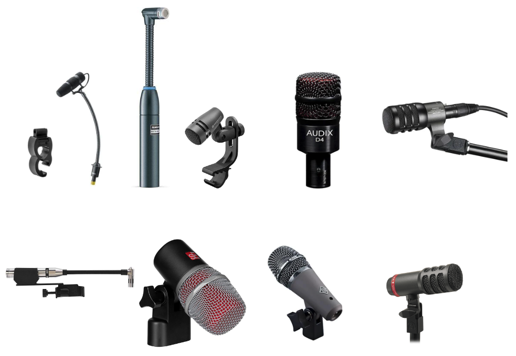 And these are your tom mics: From left (top row): DPA 4099 with Drum mount, Shure Beta98 AMP/C, Sennheiser e604, Audix D4, Audio Technica ATM230 (bottom row): Earthworks DM20, sE Electronics VBeat, Telefunken M81SH, Audio Technica ATM25