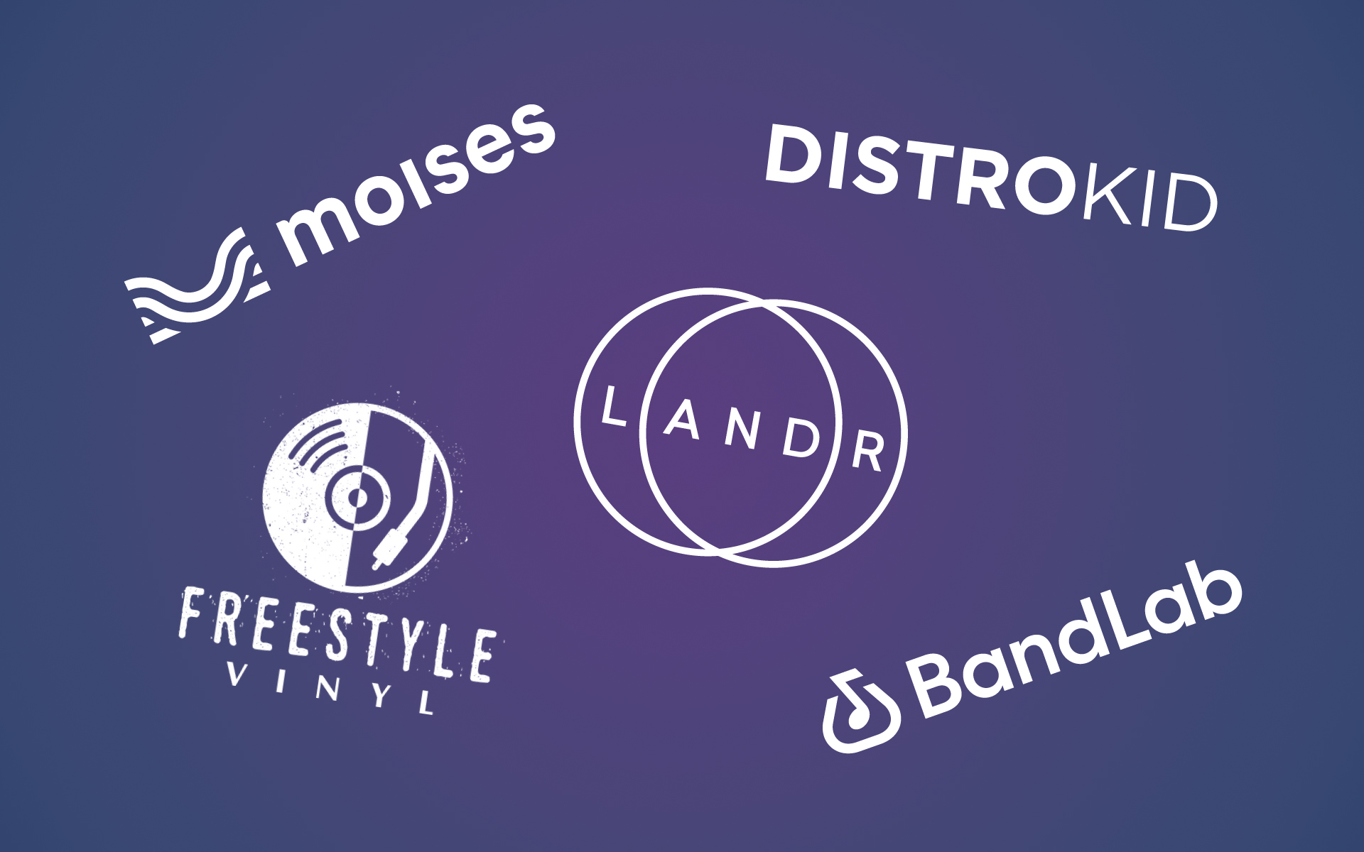 Logos for the following music technology companies are shown: Moises.ai, DistroKid, Freestyle Vinyl, LANDR, and BandLab.
