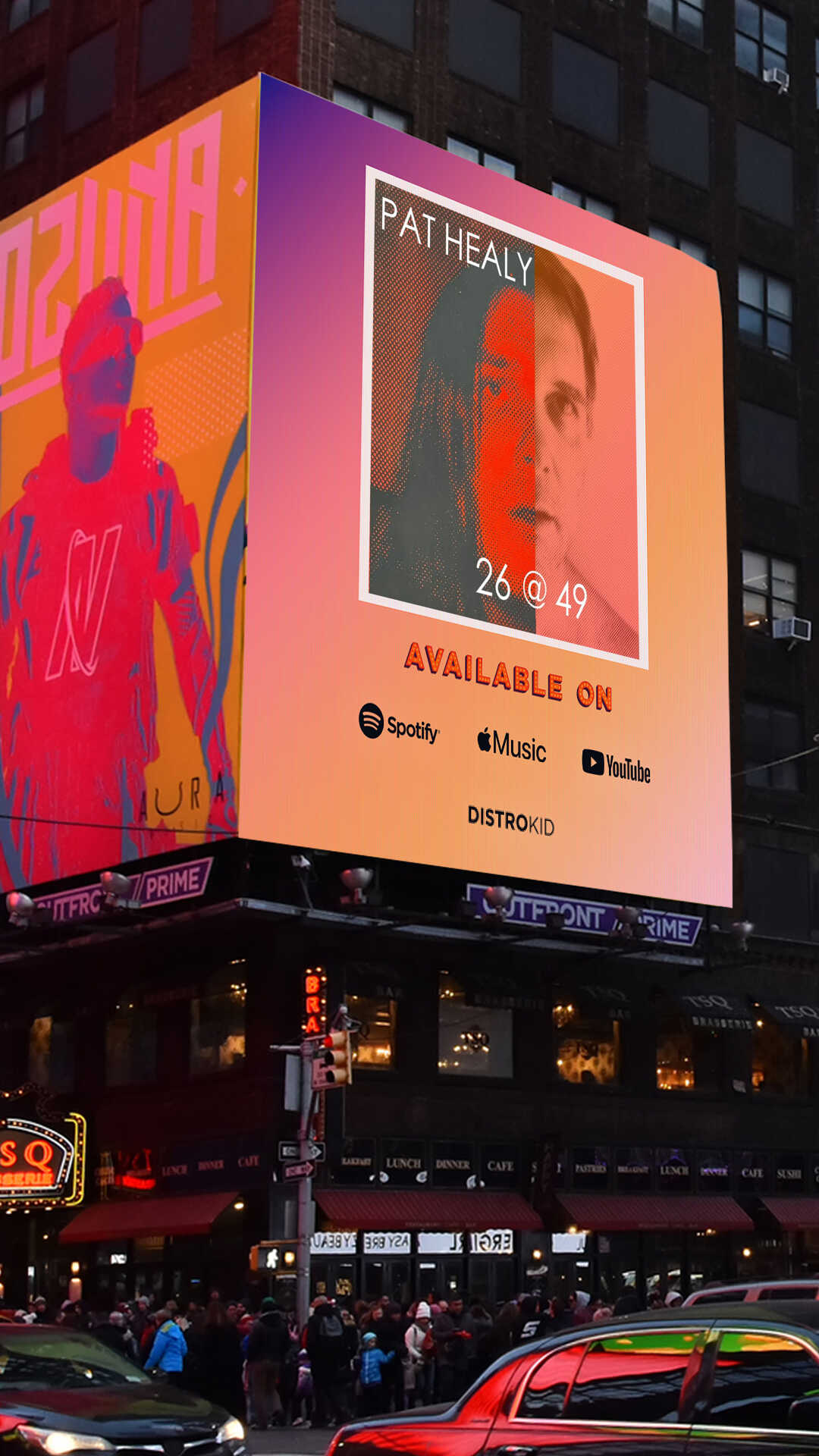 A doctored image of Times Square in New York City shows your album release on a huge billboard, just one of the many images that DistroKid sends to you to promote your music after you have released it with them.