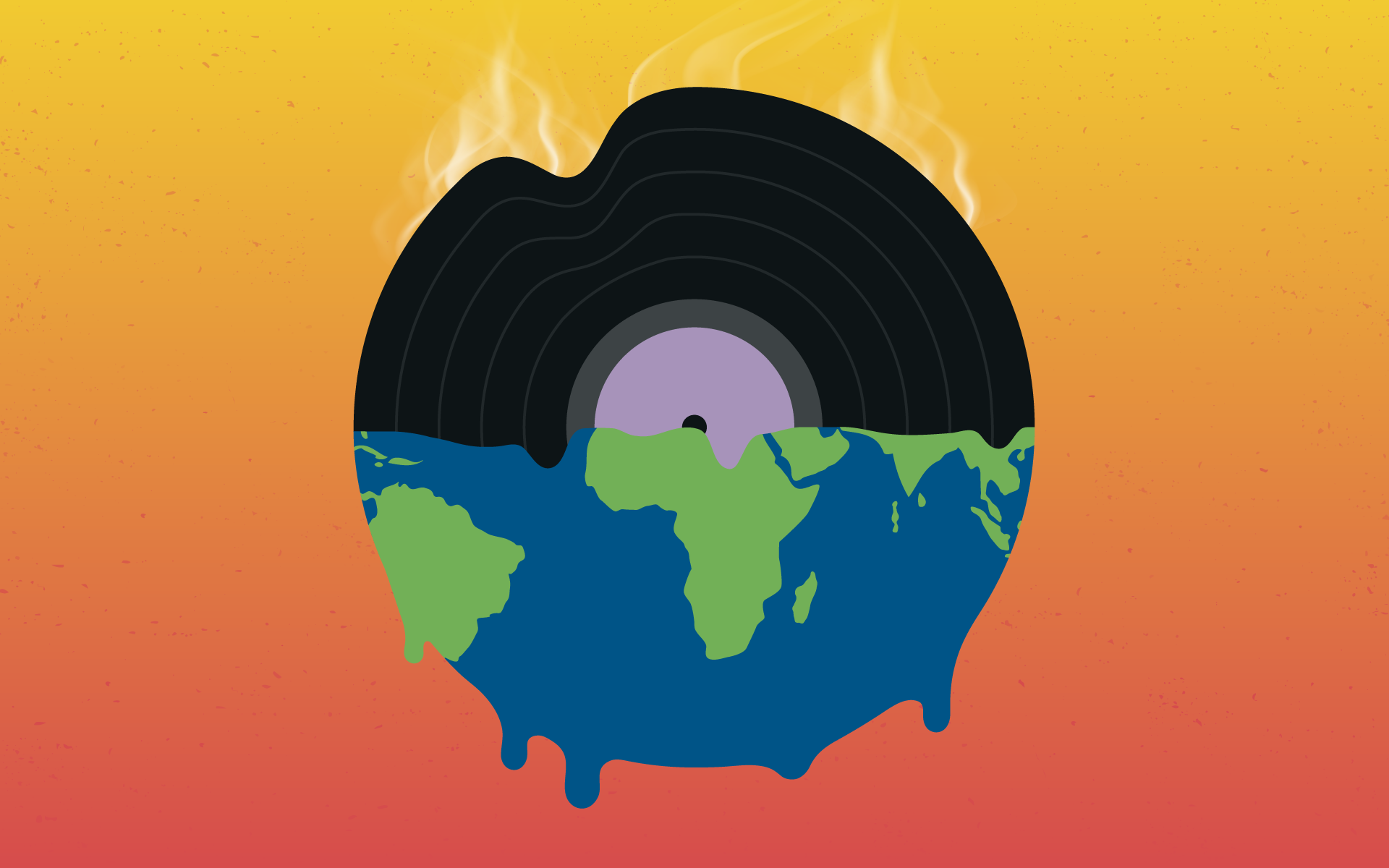 A graphic of a circle that is half a vinyl record on top, half Earth on the bottom. The vinyl record on top is steaming and the Earth below is melting. The background is orange and red ombre with speckles.