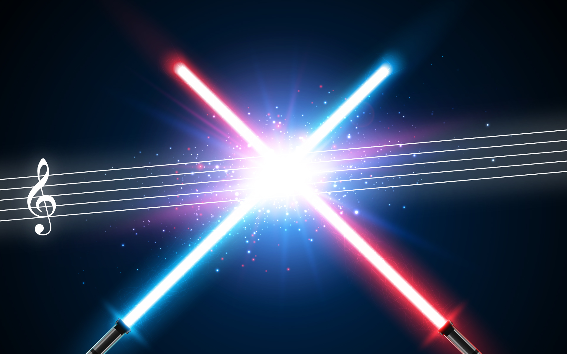 A white music staff over a black background with two lightsabers making an X through it.