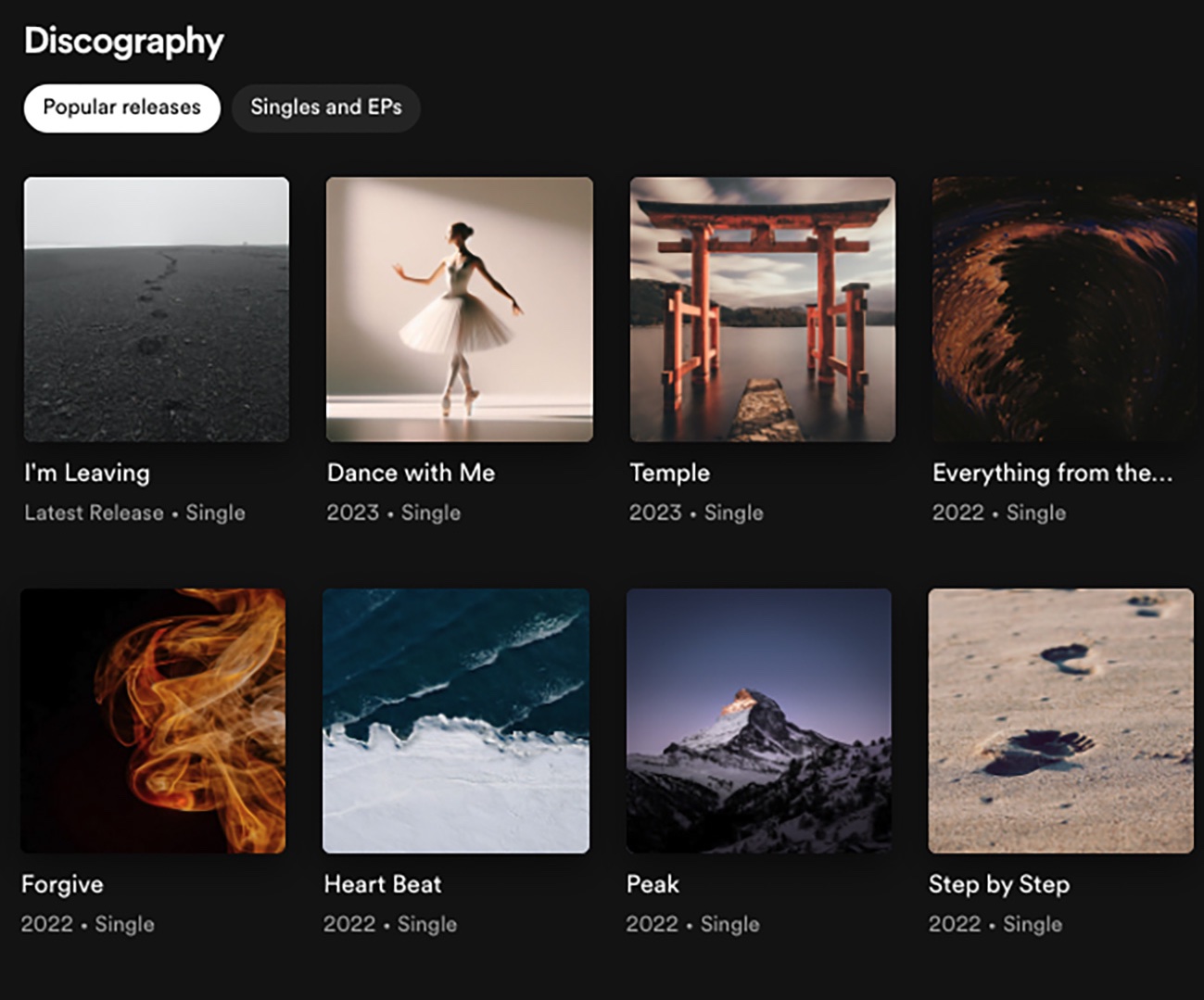The artwork of musical releases from Berklee Online student Vitas Svigaris is pictured.