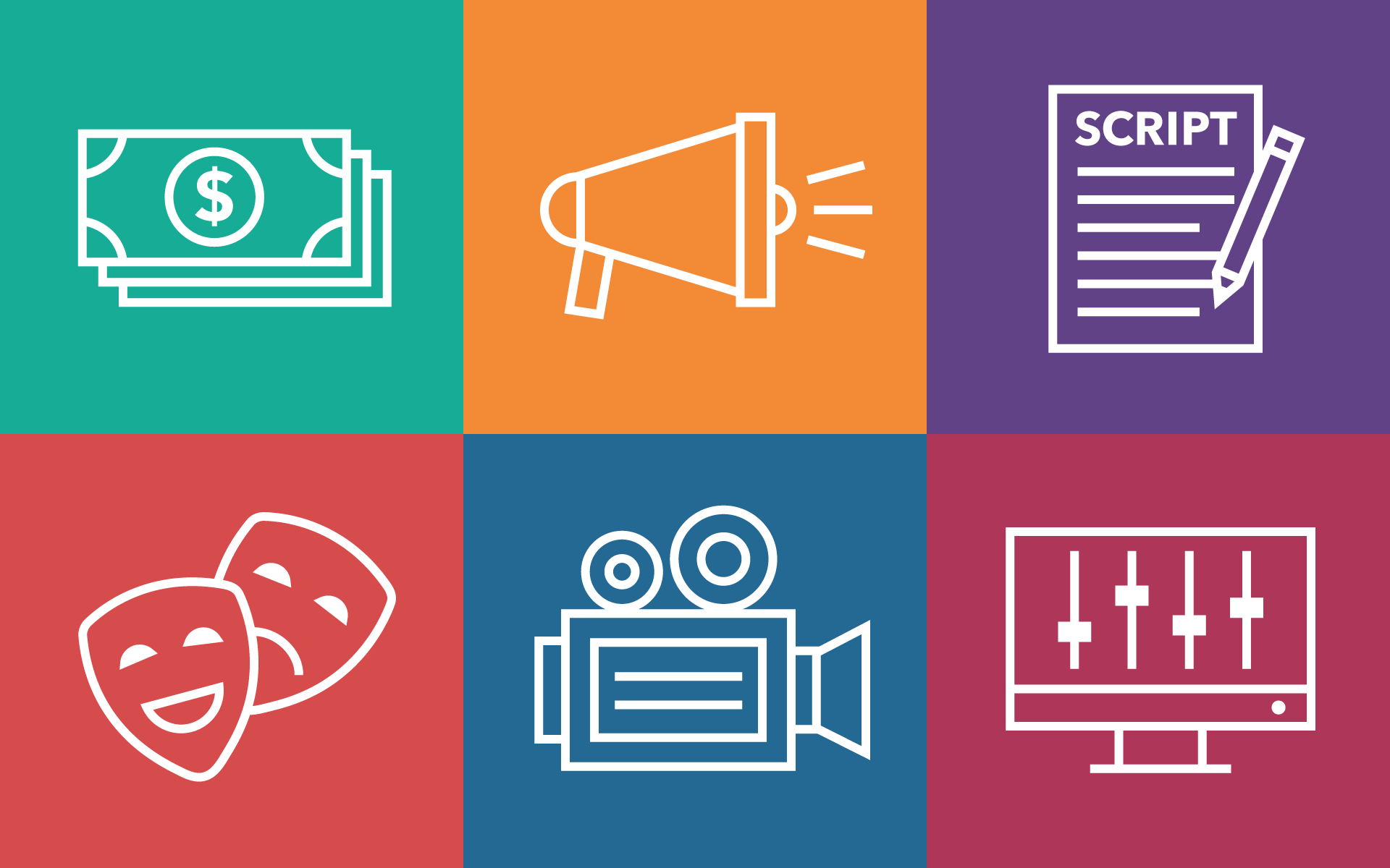 A collage shows the different stages of film development, and roles of people who make films, including producer, director, writer, actor, film crew, composer, and sound mixer.