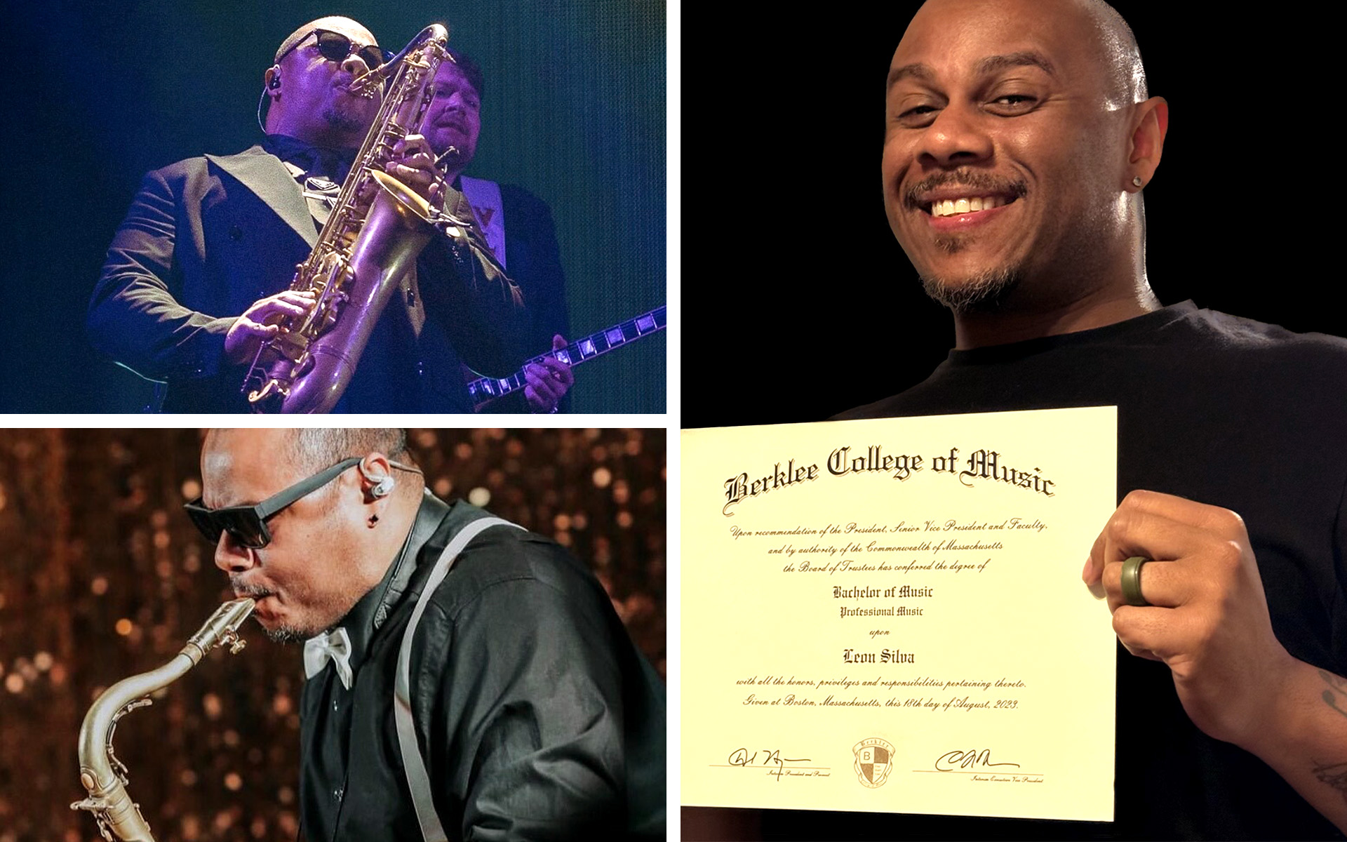 Leon Silva is shown playing saxophone with high profile musicians, and holding the diploma he received after decades away from Berklee.