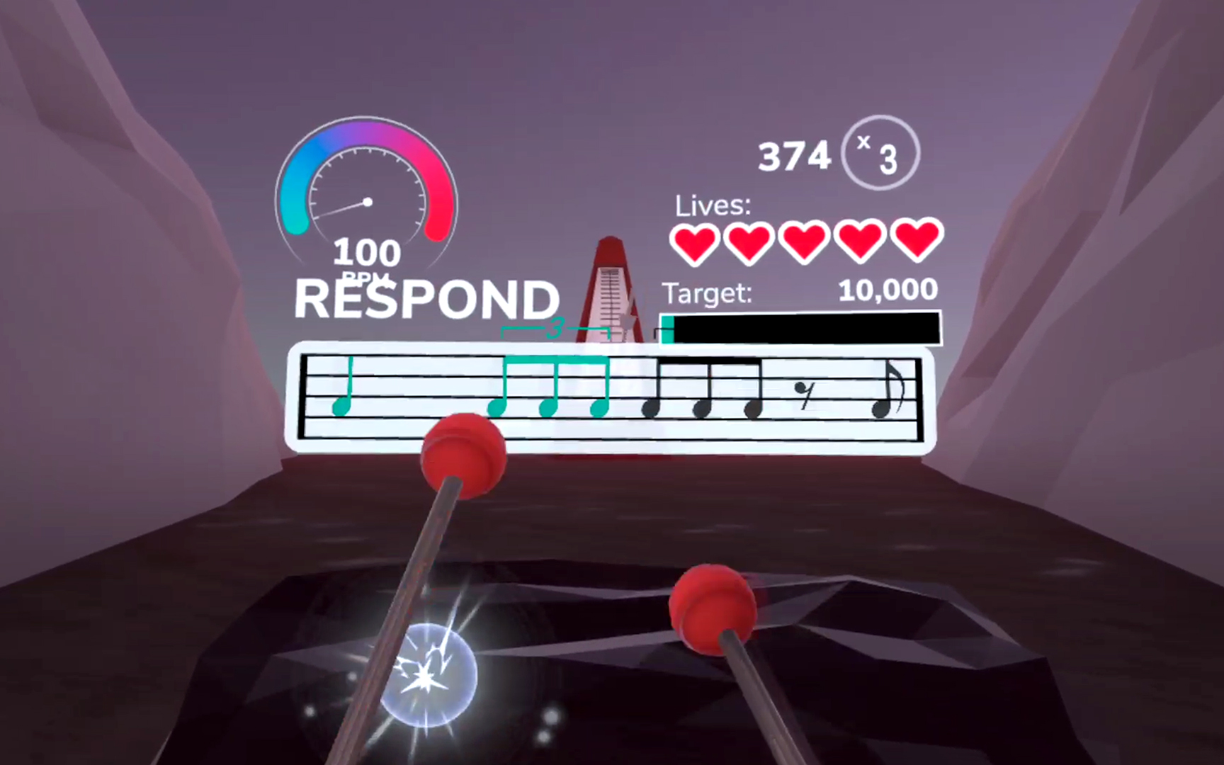 A screenshot of the Berklee Online Ear Trainer VR game, which shows two mallets that are drumming a rhythm and the points earned for doing it correctly.