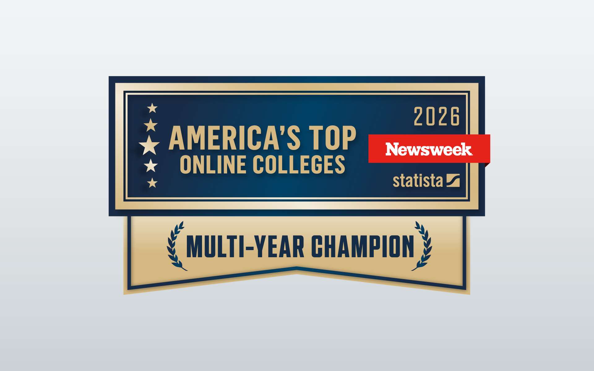 Plaque that says "America's Top Online Colleges 2026" with the Newsweek and Statistica logos.