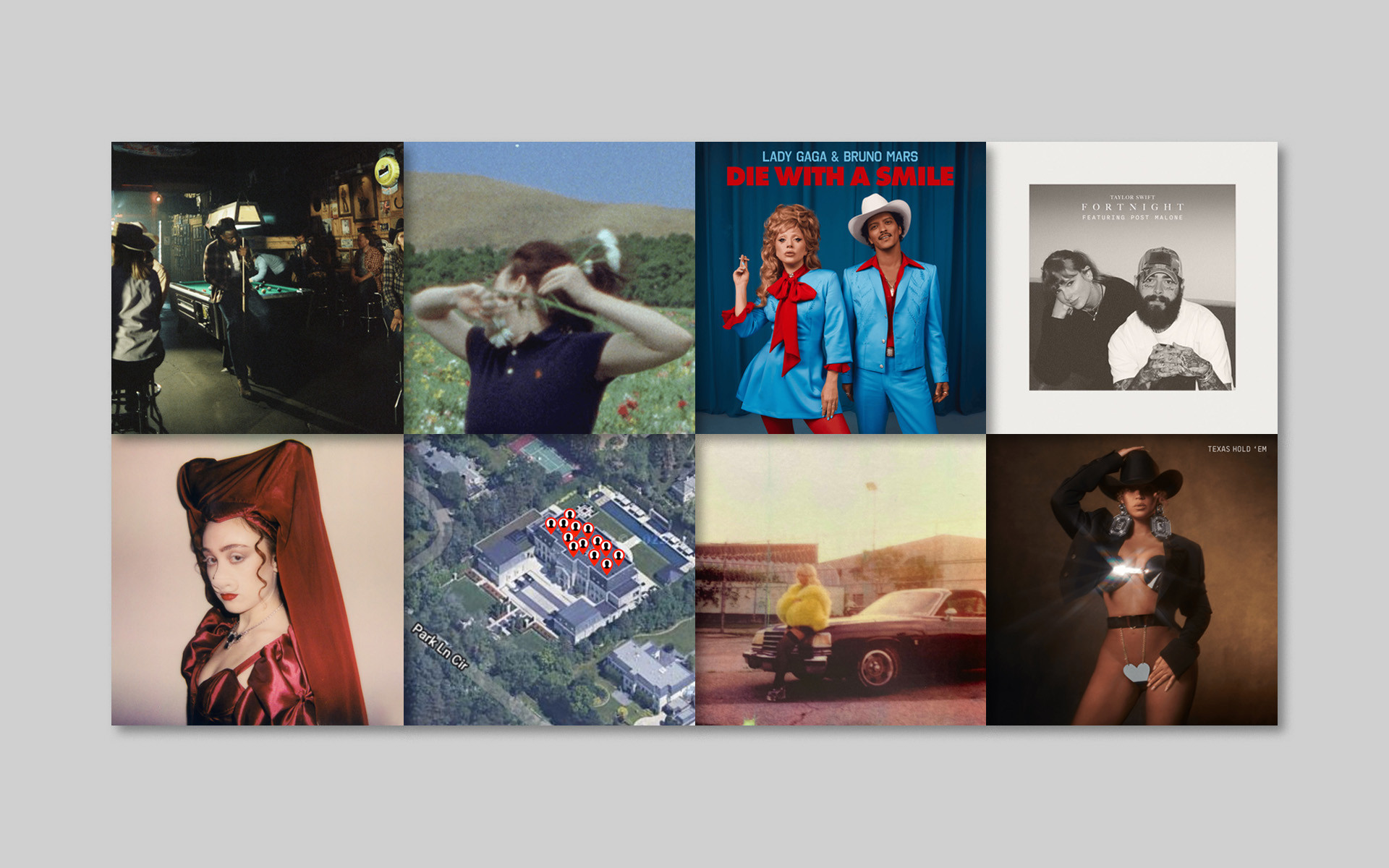 The artwork for singles by Shaboozey, Billie Eilish, Lady Gaga & Bruno Mars, Taylor Swift & Post Malone, Chappell Roan, Kendrick Lamar, Sabrina Carpenter, and Beyoncé are all displayed in a collage format.