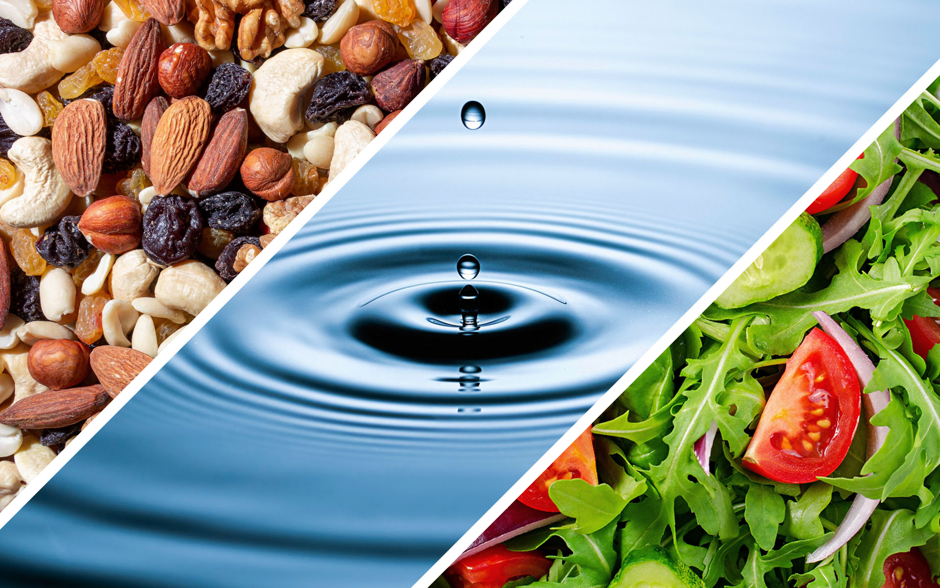 A collage of healthy items to consume on tour such as nuts and seeds, water, and salad