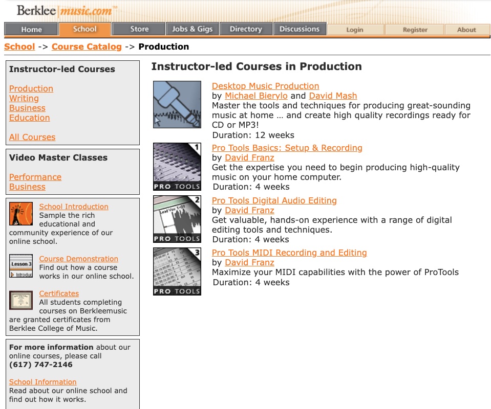 An archival screenshot of early Berklee Online is shown, displaying what the college's interface looked like circa 2003.