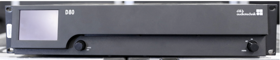 A screen grab of a muti-channel power amp front panel, with a silver logo on a black background that says d&b autiotechnik