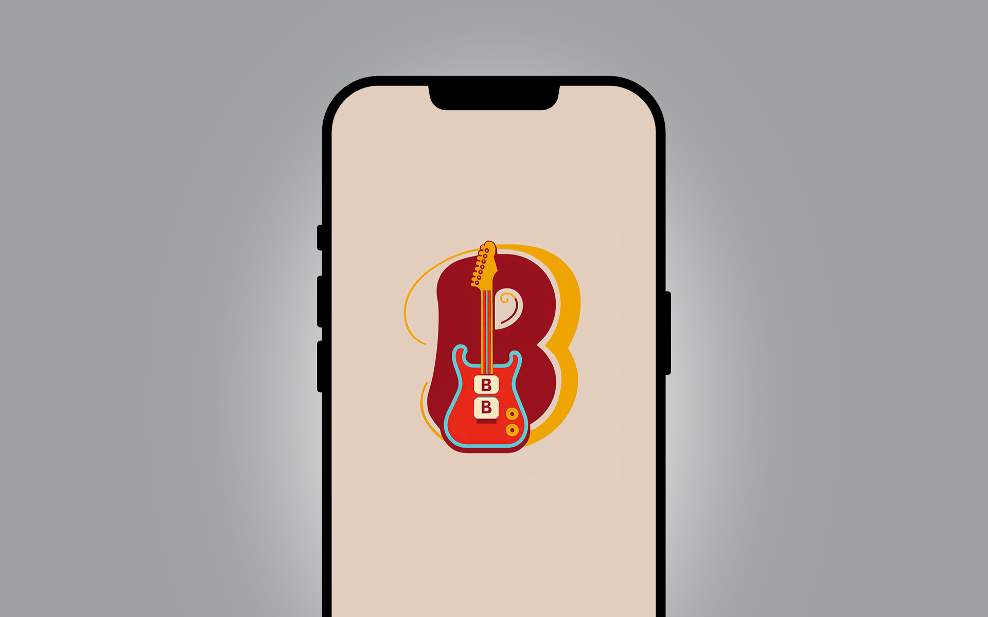 The logo for the Bandle music quiz app is shown on a smartphone. The logo is a red guitar against a maroon B, with a lighter tan background.