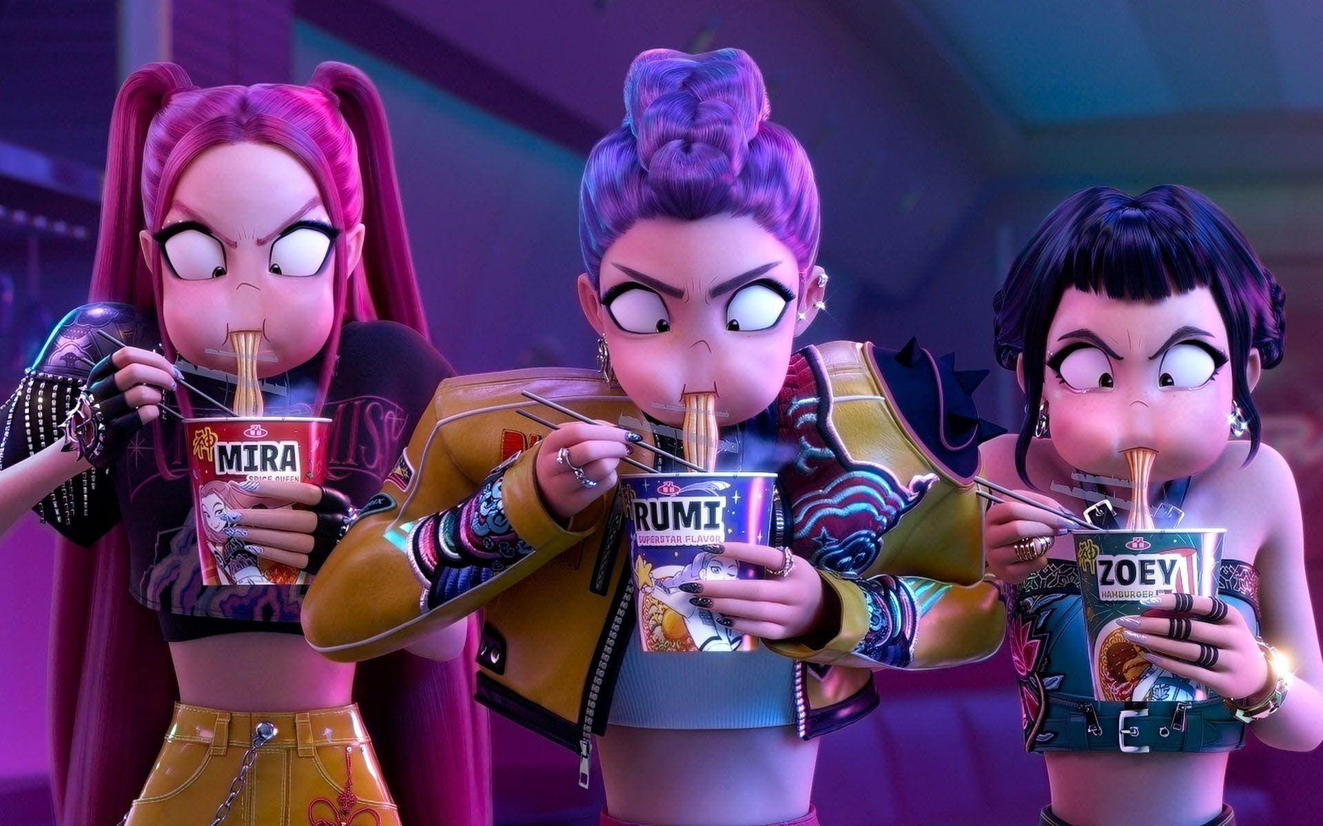 The 3 main characters of KPop Demon Hunters eating ramen