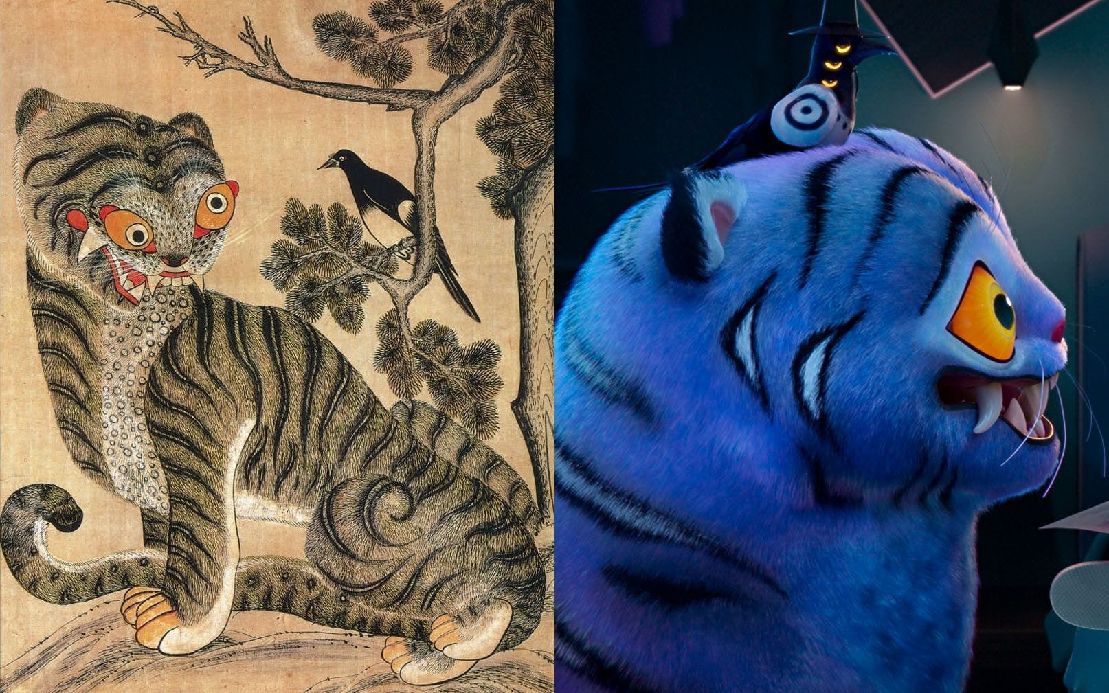 A side-by-side comparison of Hojak-do. To the left is a traditional painting and to the right is the tiger and magpie from the movie KPop Demon Hunters.