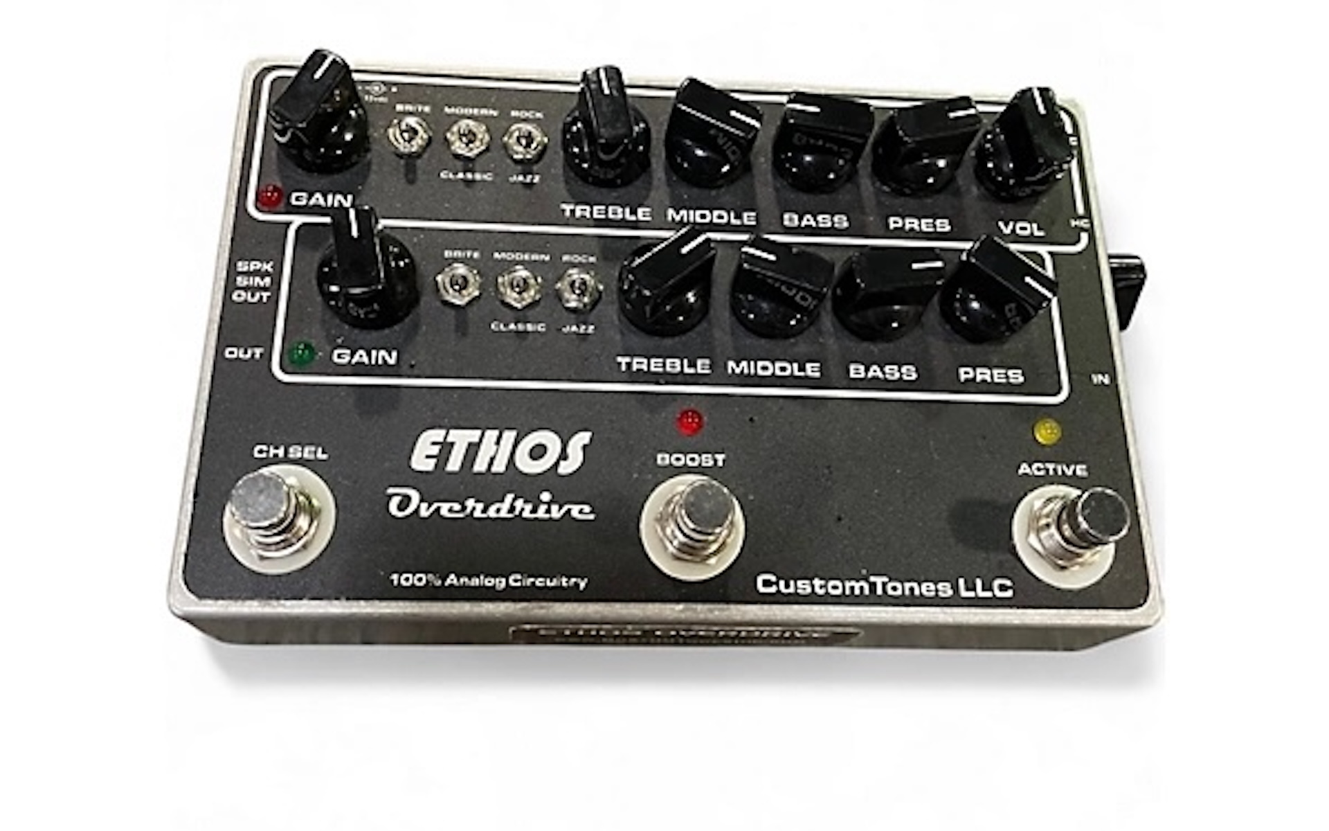 Photograph of an Ethos Overdrive guitar pedal, from Custom Tones LLC.