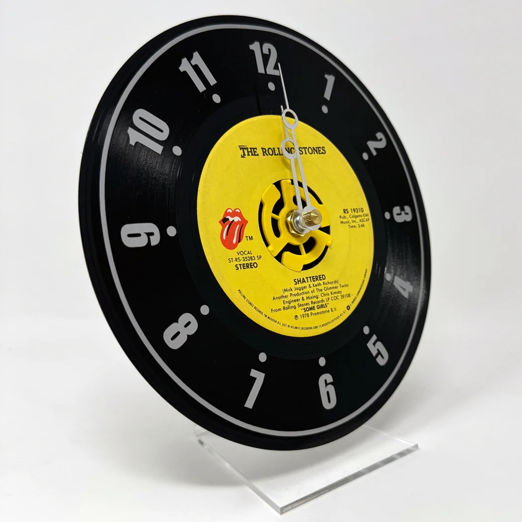 A product shot of a Rolling Stones 7-inch single, repurposed as a desk clock.