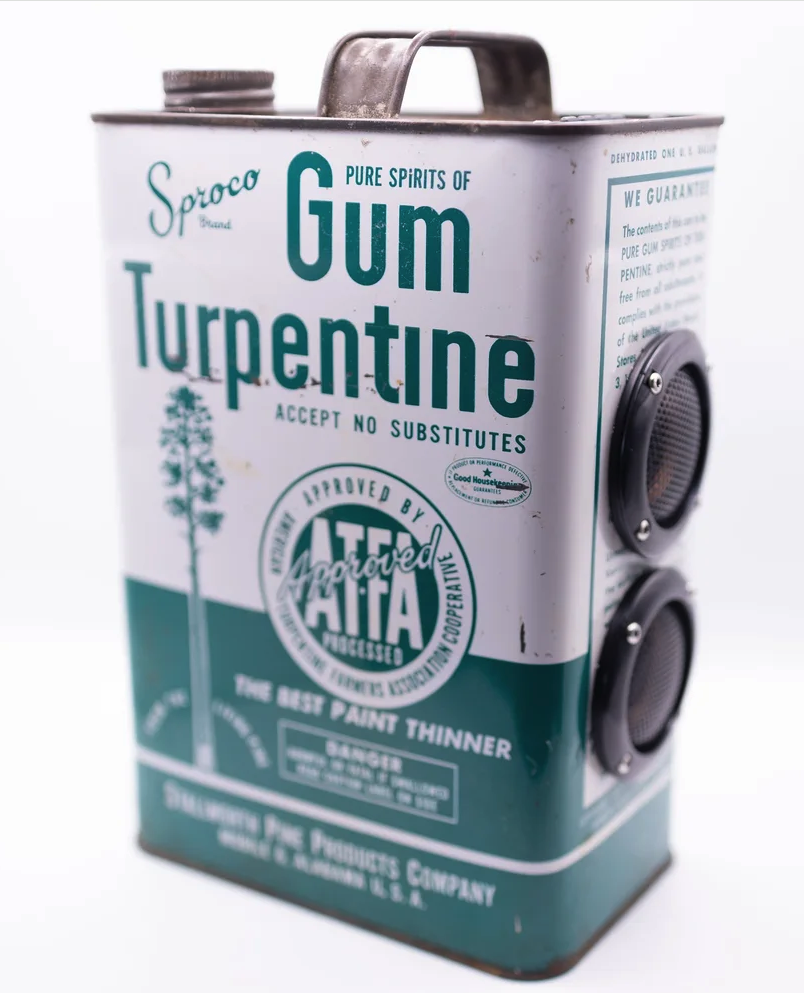 A former turpentine can has been refashioned into a bluetooth speaker.