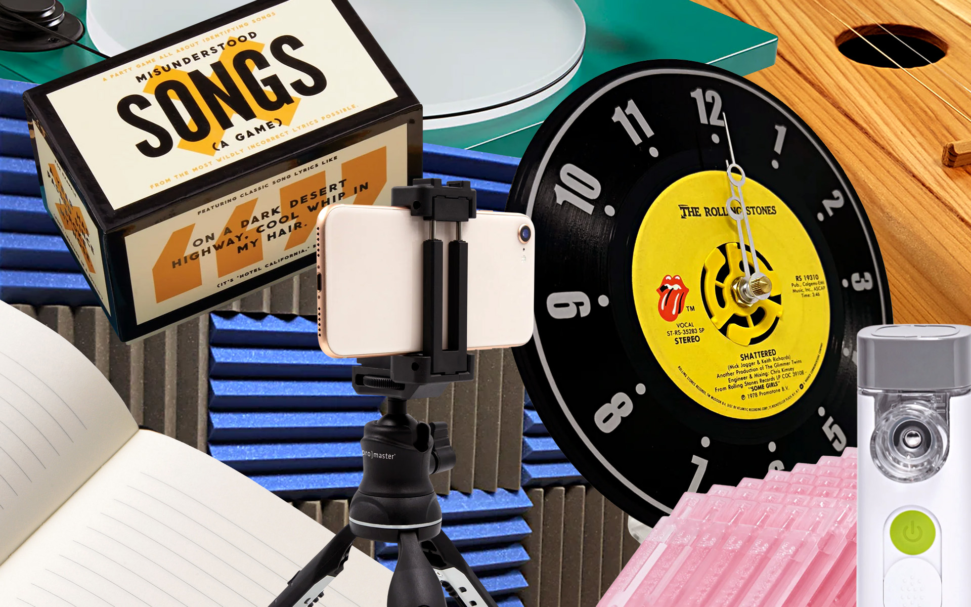 A collage of gift ideas for musicians is pictured, including a vinyl record clock, soundproofing, a nebulizer, a game, and more.