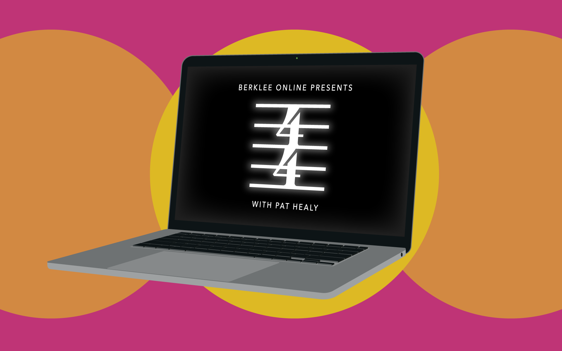 An illustration of an open laptop, featuring the title card for Berklee Online’s YouTube interview series entitled 4/4