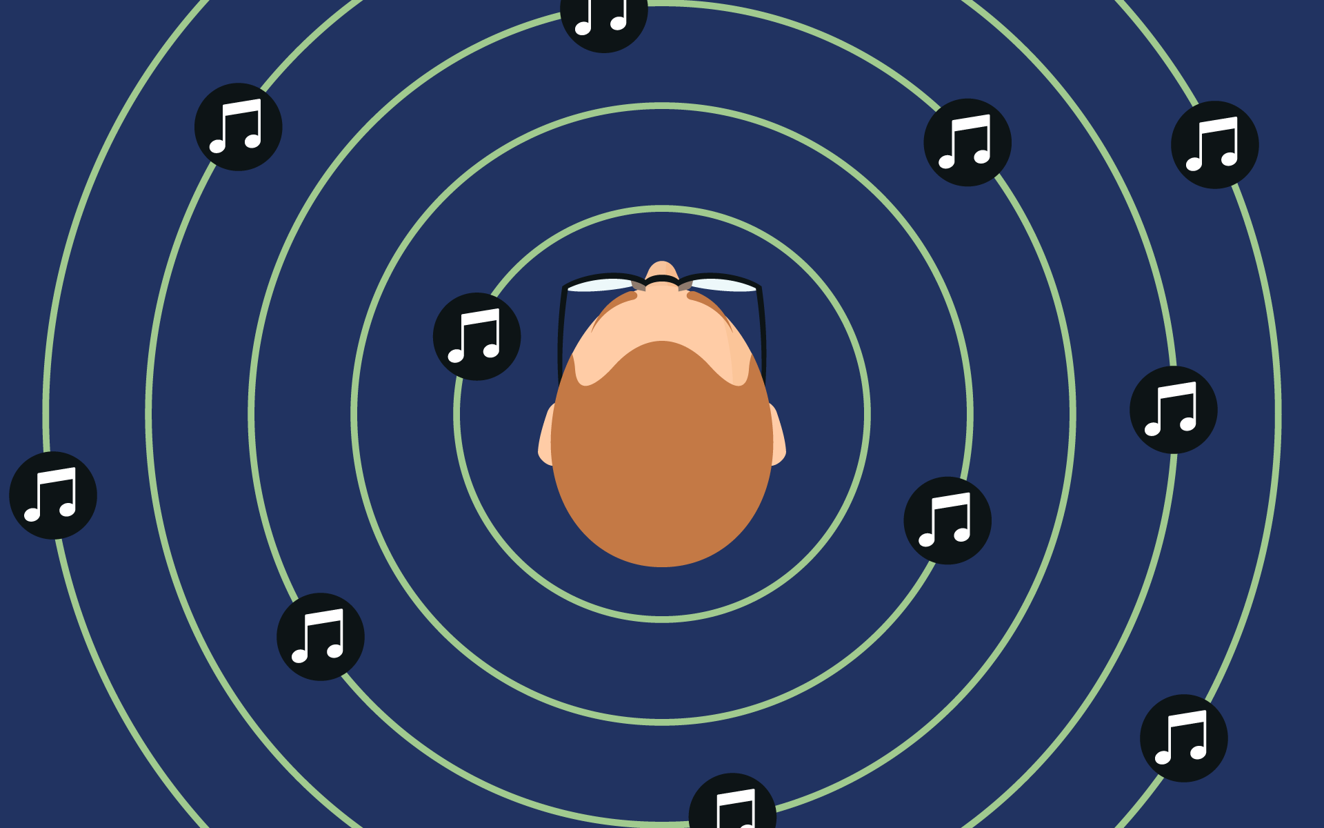 An illustration of a person shown from above, with ripples of musical notes coming towards their ears, representing immersive audio.