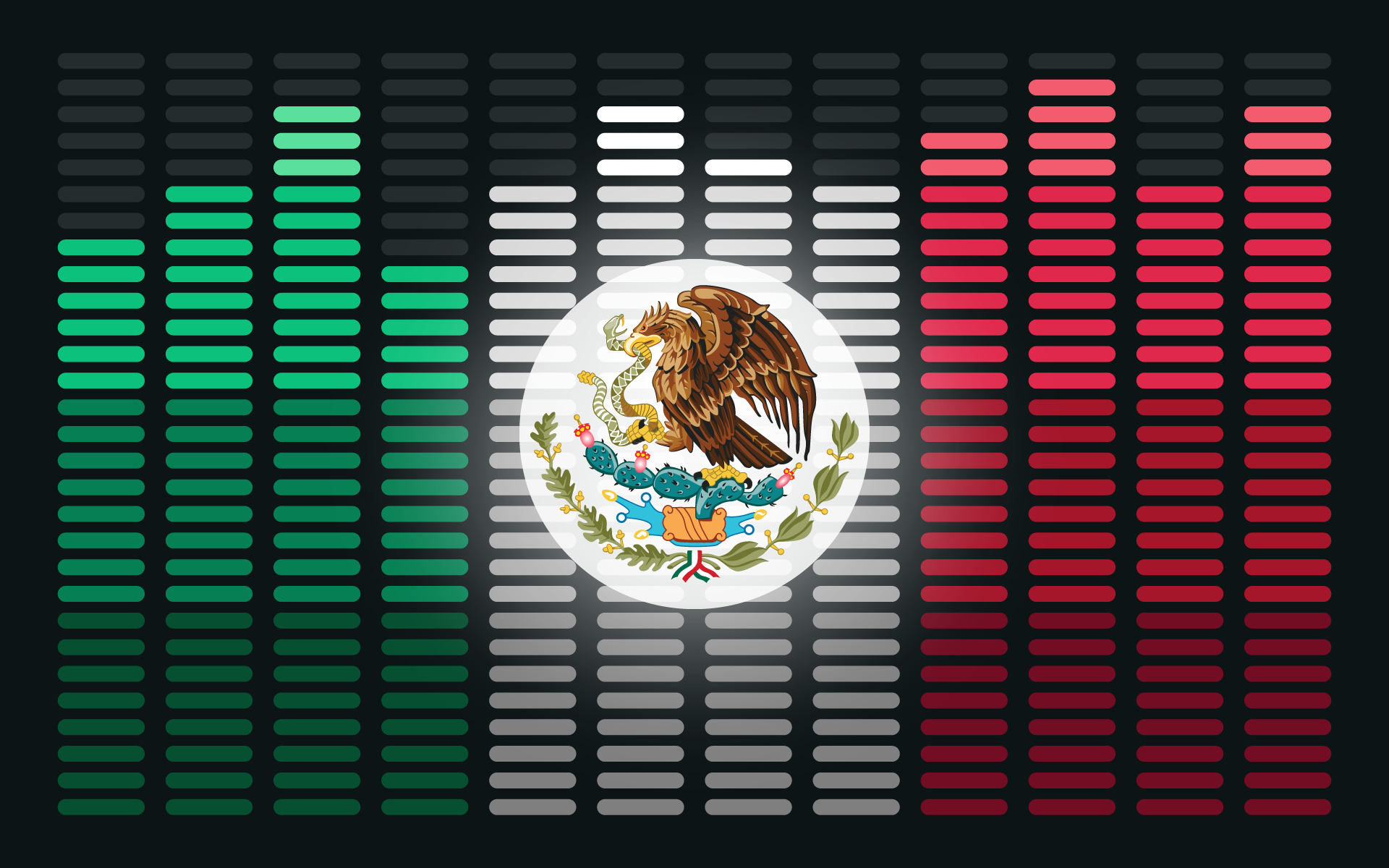 A graphic shows the green, white, and red flag of Mexico, but instead of being clear stripes, the colors are laid out like a digital equalizer for audio.