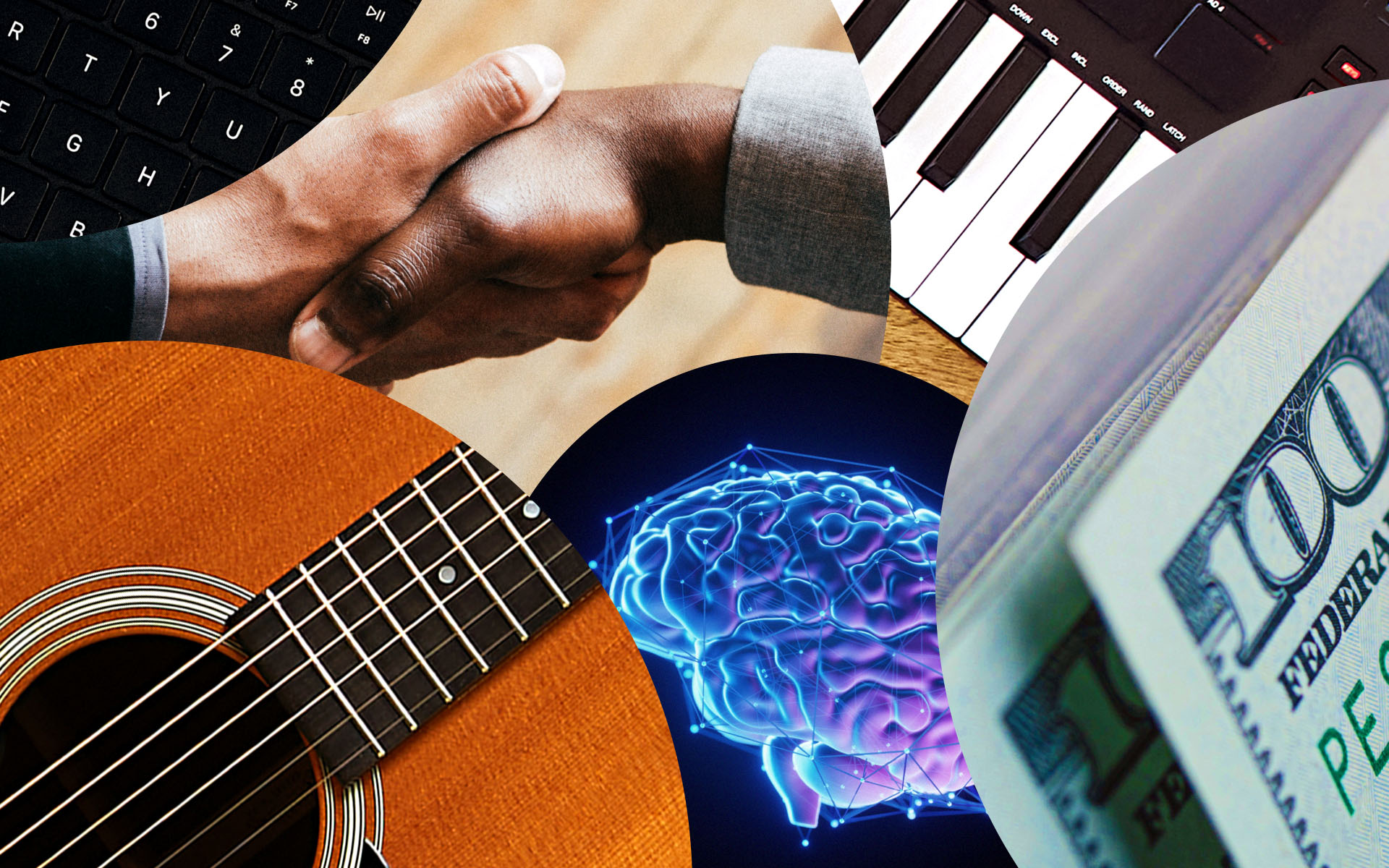 A photo collage represents the different types of things you will need to know about in the music industry: deal, money, artificial intelligence, etc.