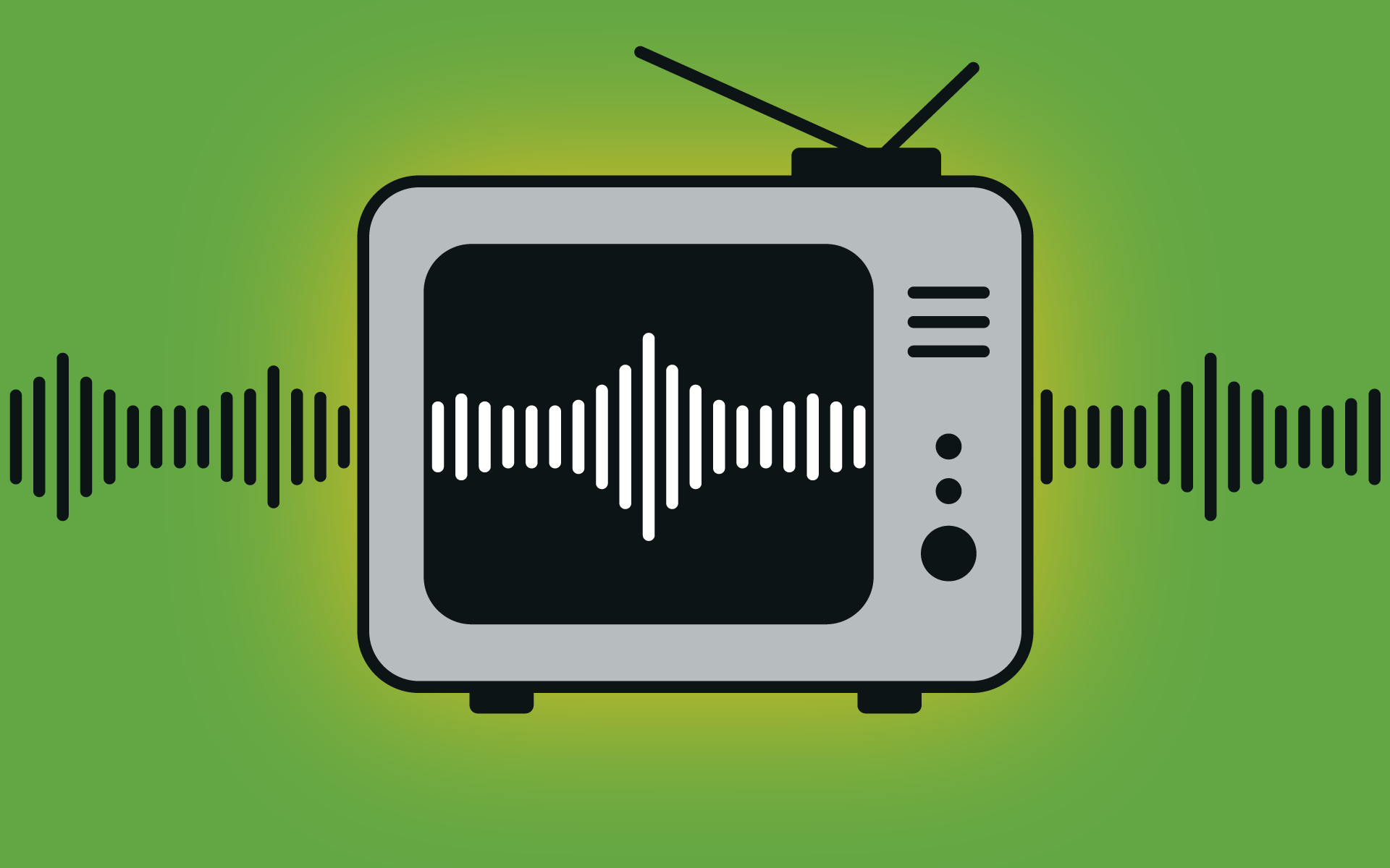 A graphic of an old television set with soundwaves going through the air and onto the screen.