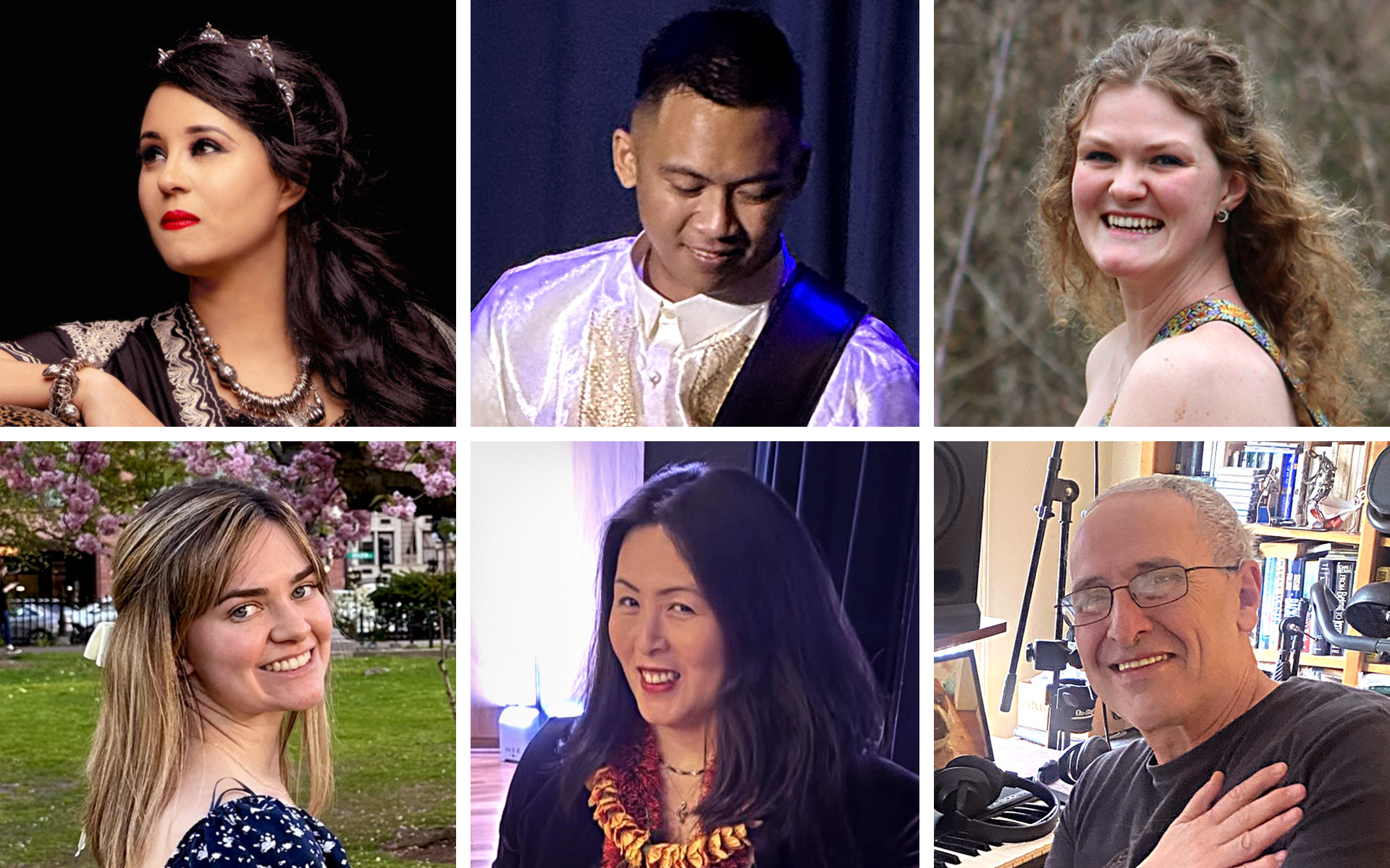 A collage of graduate headshots that include Meriem Ben Amor, Hannah Crouch, Jerico Del Castillo, Mattie Diaz, Karen Watanabe, and Paul Zarvis.