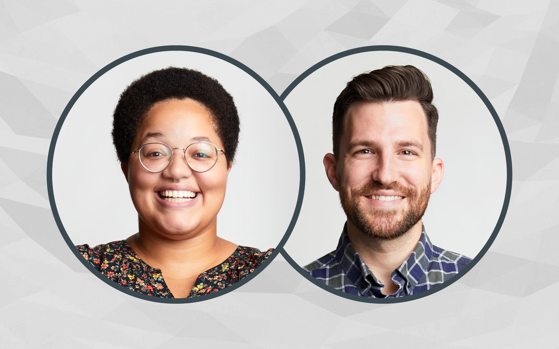 A photograph of Advisors and event hosts Michelle and Ashton, their headshots are in circles against a gray background.