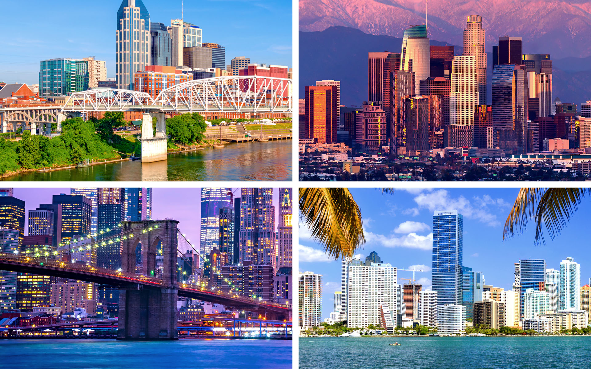 Best Cities for Music Careers: Where to Move After College Four postcards illustrate the music cities discussed in this article, clockwise, from top left, Nashville, Los Angeles, Miami, and New York City.