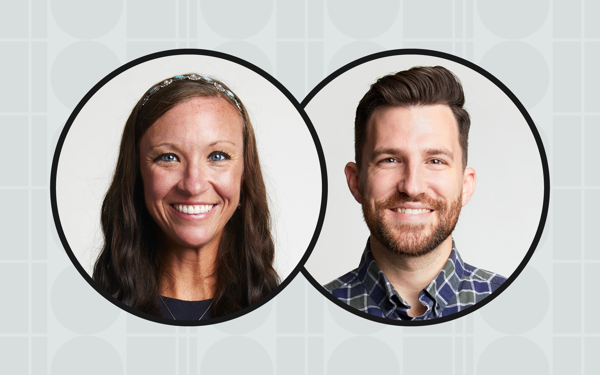 A photograph of Advisors and event hosts Molli and Ashton, their headshots are in circles against a gray background.