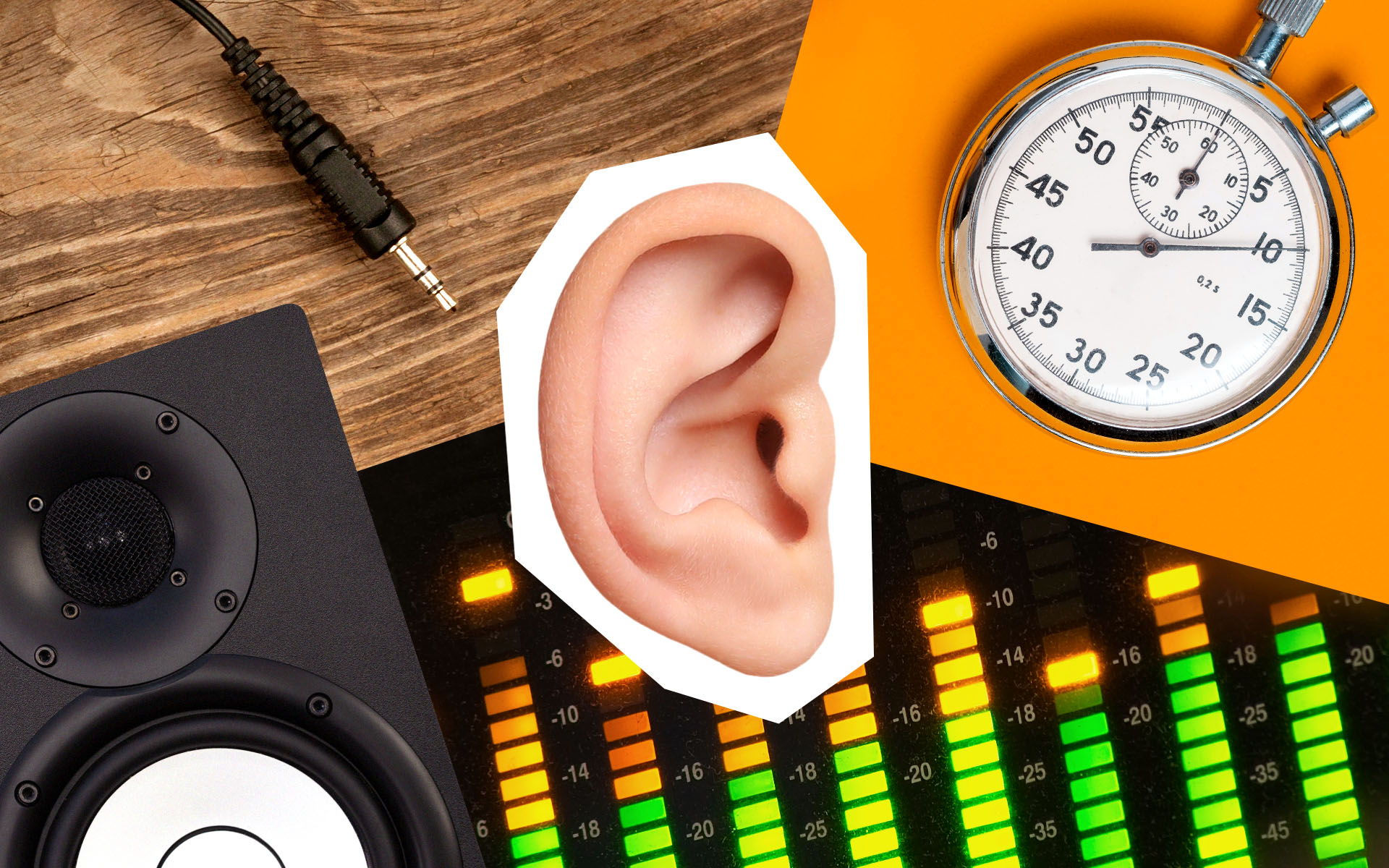 A collage shows a human ear in the center of the frame, with items surrounding it like a decibel meter, a headphone jack, a speaker and a clock, showcasing things you need to be mindful of to prevent hearing damage.