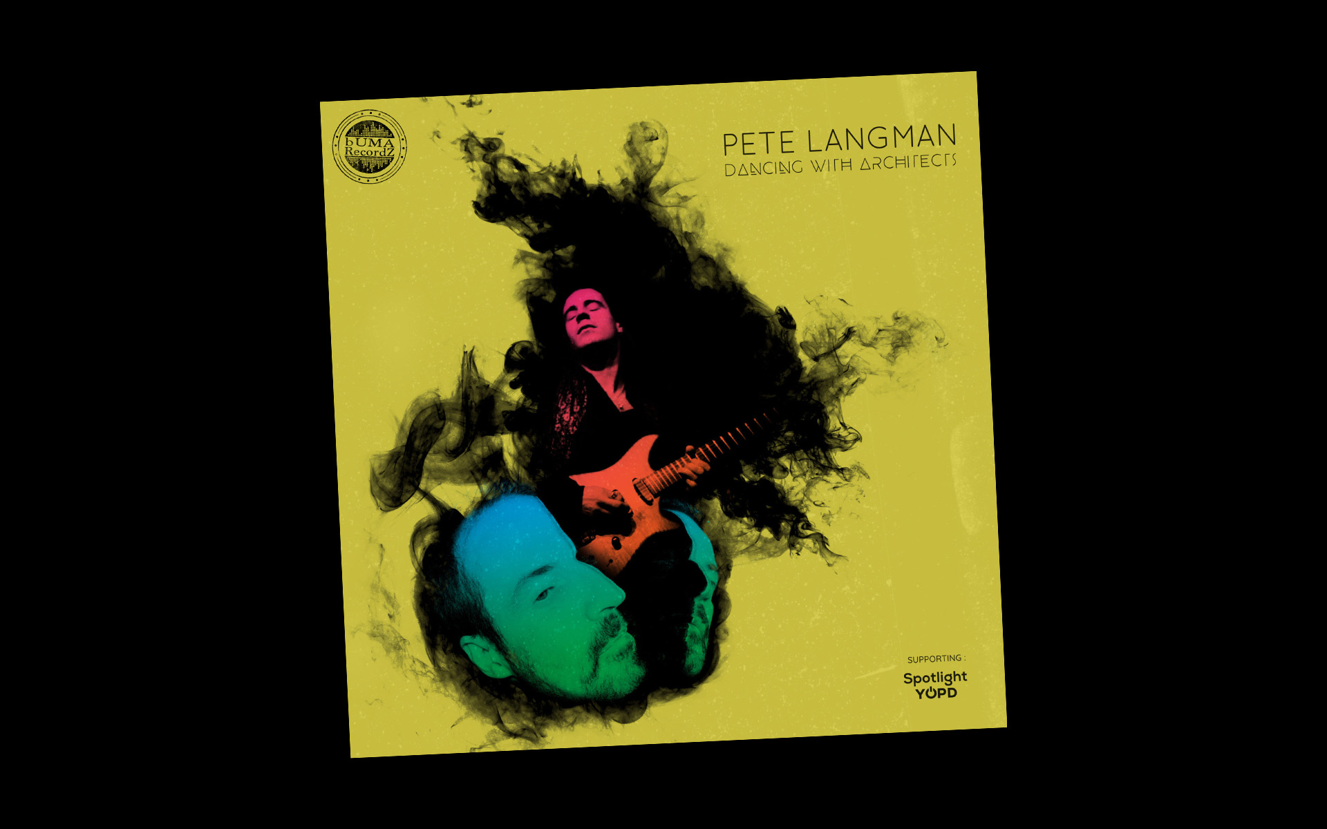 The cover art for Pete Langman's "Dancing with Architects" album is pictured against a black background. The cover art depicts a picture of a red Pete emerging from a greenish blue version of his split-open head.