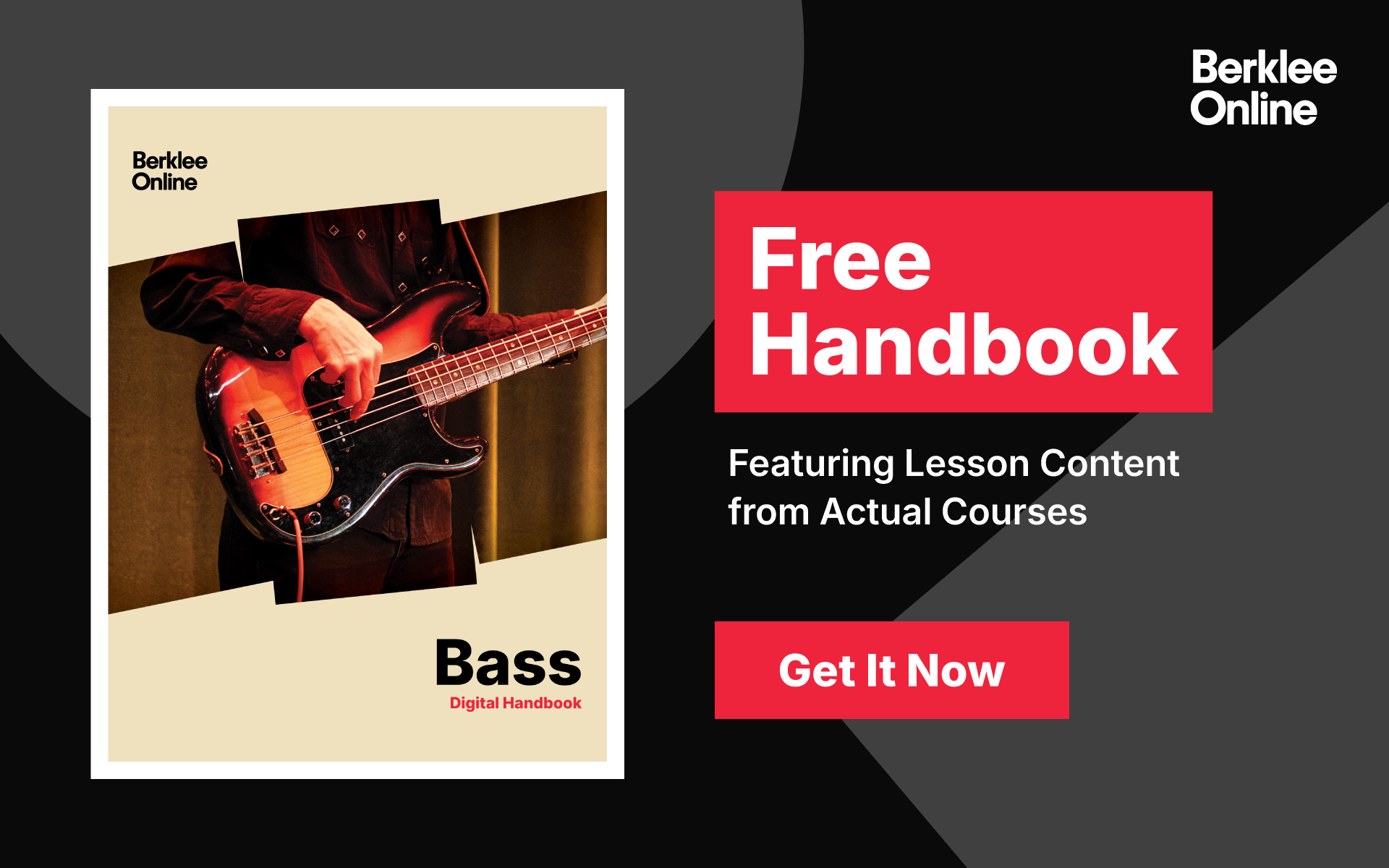 A pop-up that encourages you to download a free PDF of Berklee Online's Bass Handbook. The image is of a person playing bass guitar.