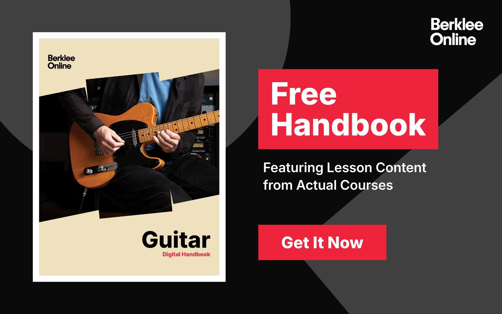 A pop-up that encourages you to download a free PDF of Berklee Online's Guitar Handbook. The image is of a person playing guitar.
