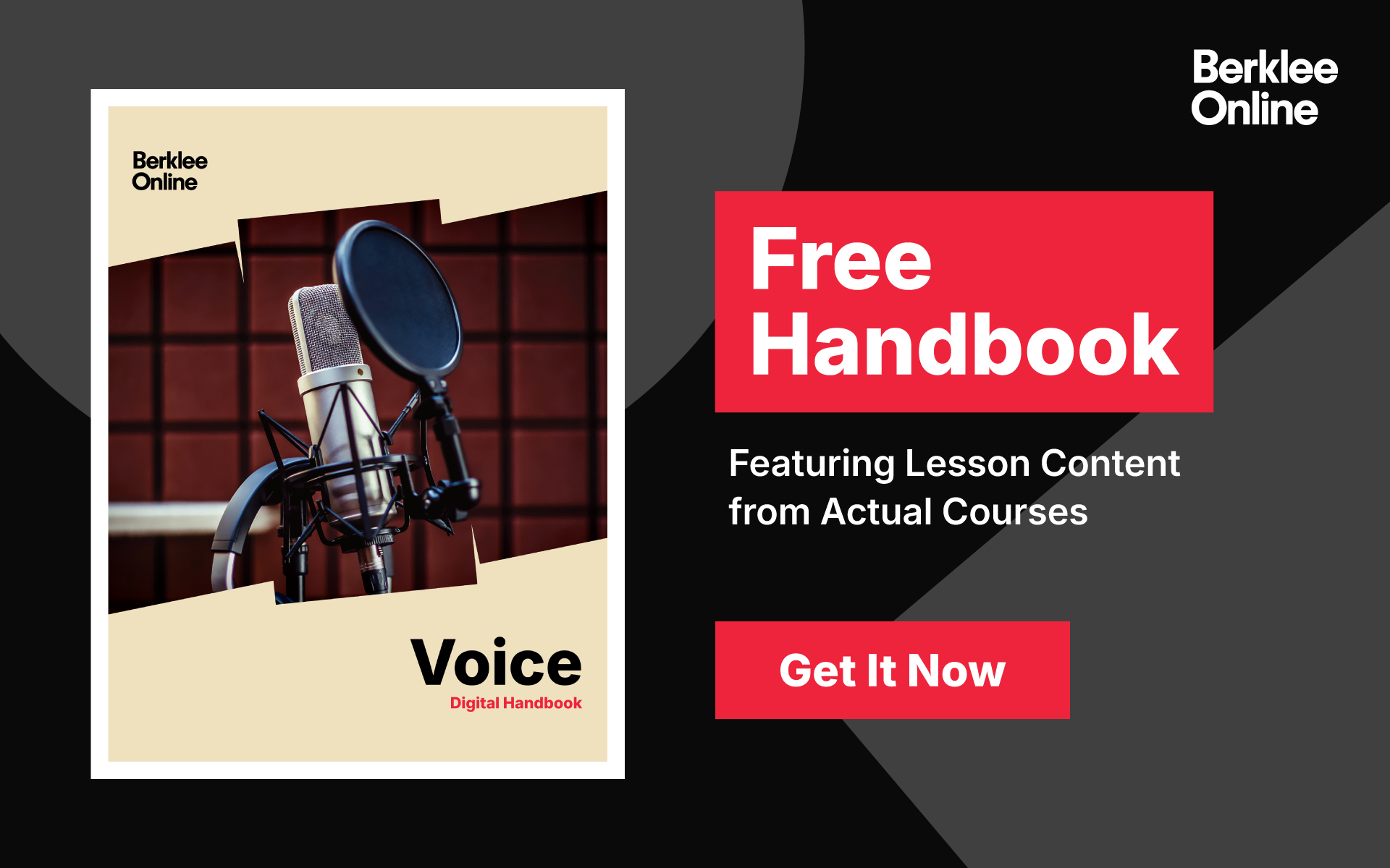 A pop-up that encourages you to download a free PDF of Berklee Online's Voice Handbook. The image is of a classic microphone set up in a recording studio.