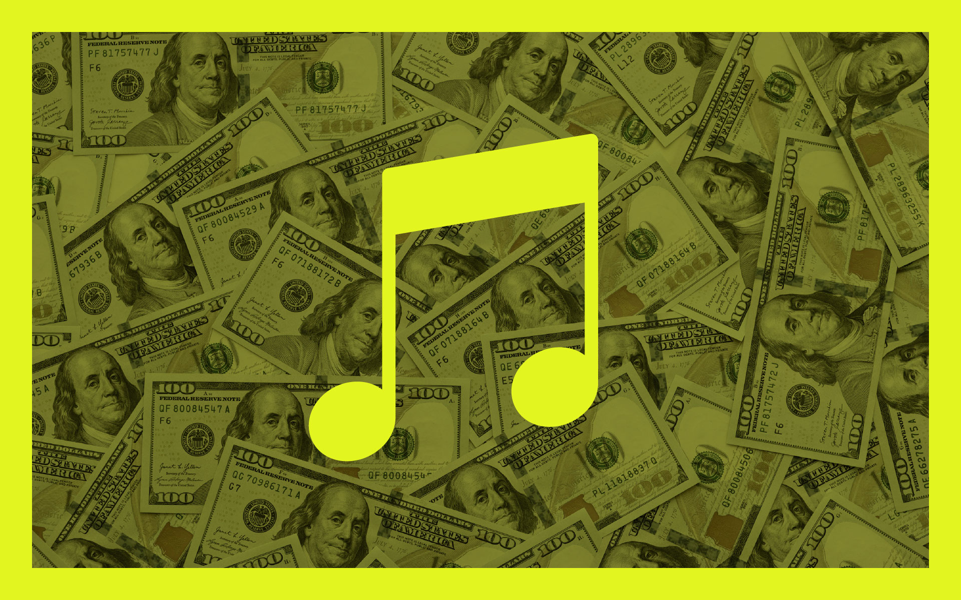 A bright yellow eighth note in the forefront with a background filled with $100 bills.
